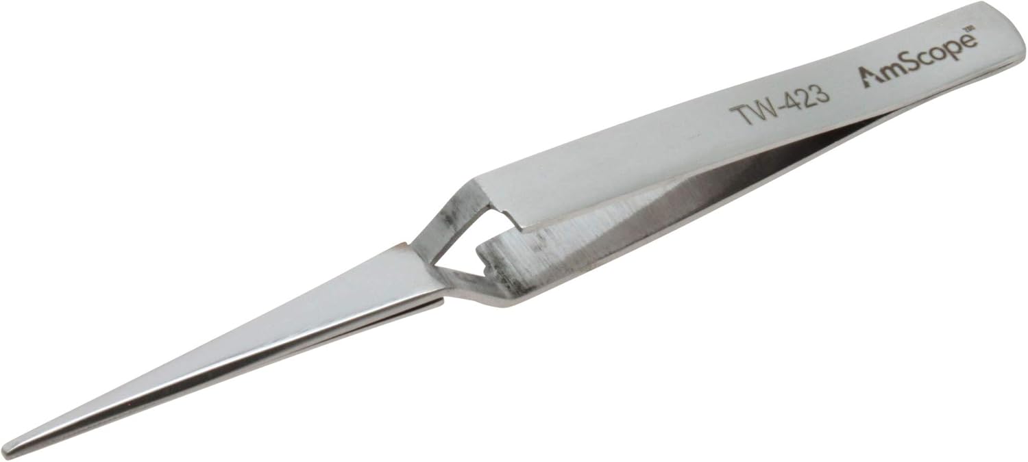 AmScope - 4 1/2 in. Straight Narrow Point Cross Locking Tweezers - Multi-Pack - 5 pcs