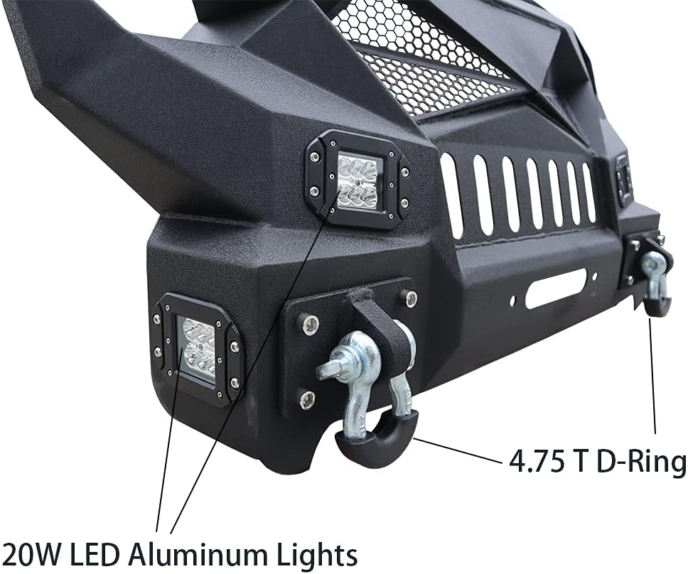 Tioyar Front Bumper w/Winch Plate & Steel Grille & 4x 20W LED lights & D-Ring for 07-17 Wrangler JK & JKU (Texture Black)