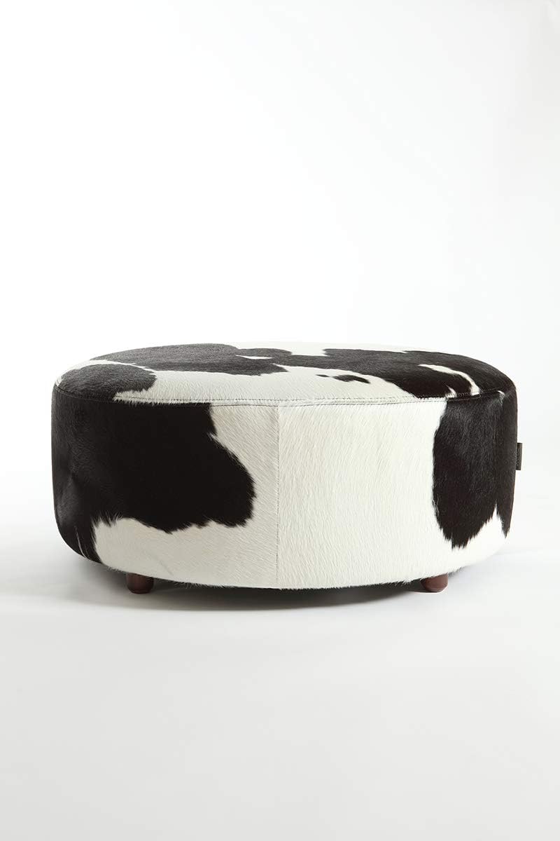 Black & White Natural Cowhide Round Ottoman - 31 Inches Diameter - Gaucho Cowhides