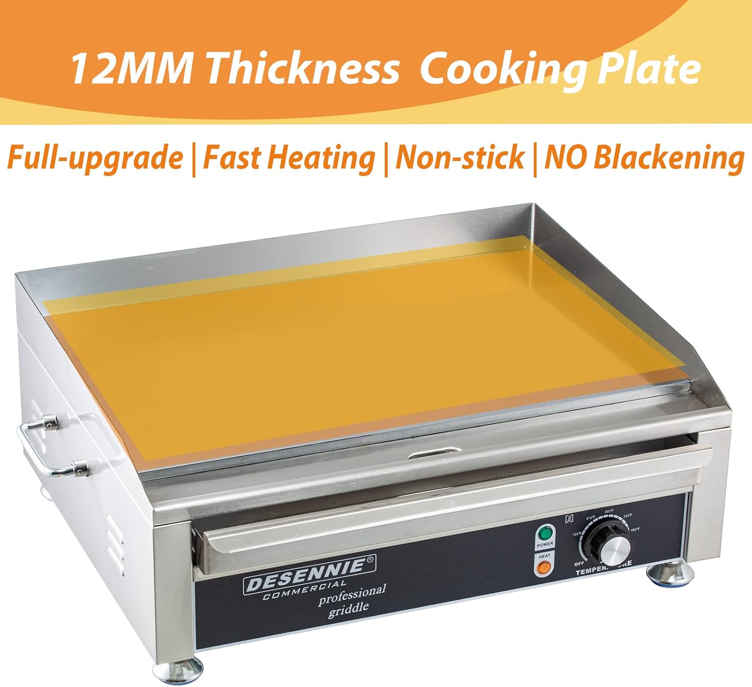 DESENNIE 14 Inch Electric Countertop Griddle | 12mm Thicken Heating Plate | No Blackening | No Deformation | Fast Heating | Non-Stick | 110V 1500W | Adjustable Temp.122&deg;F-572&deg;F | 2Pcs Frying Spatulas