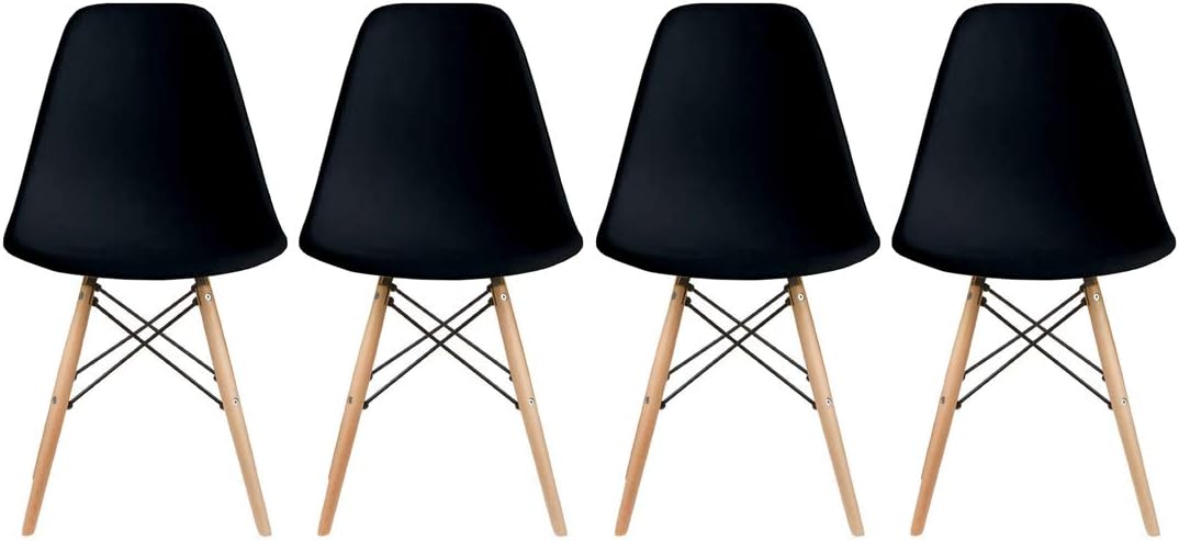 2xhome Molded Shell Designer Assemble Plastic Side No Arms Wheels Armless Chairs Natural Wood Wooden Eiffel Dining Room Bedroom Kitchen Accent Office DSW, Set of 4, White