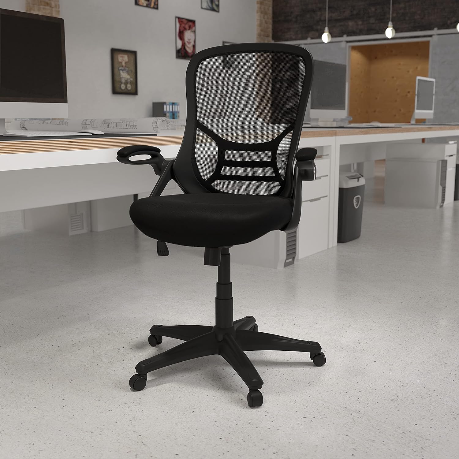 Flash Furniture High Back White Mesh Ergonomic Swivel Office Chair with White Frame and Flip-up Arms