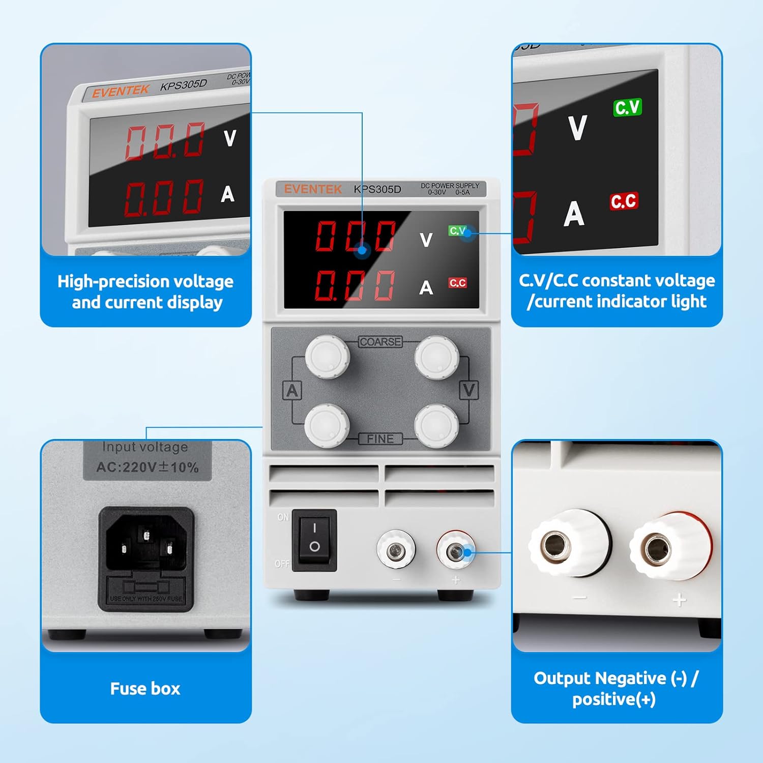 DC Power Supply Variable(0-30 V 0-5 A), Eventek KPS305D Adjustable Switching Regulated Power Supply Digital, with Alligator Leads US Power Cord Pack of 2
