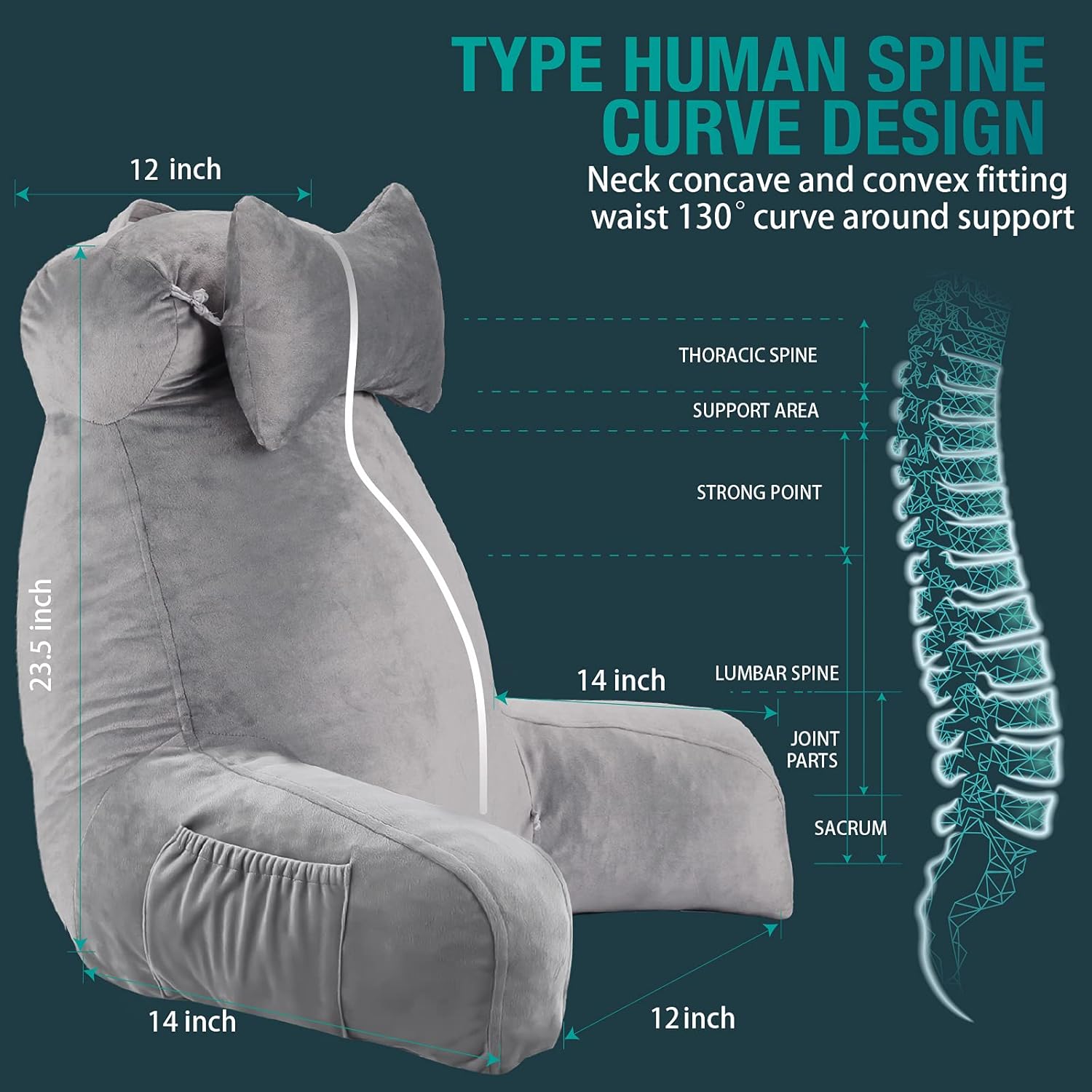 Vekkia Bed Rest Reading & Neck Pillow, Bonus Multifunction Detachable Pillow, Ergonomic Design. Perfect Back Support for Adults Reading/Watching TV/Sitting in Bed - Extra Foams Incl. Large- 23.5'