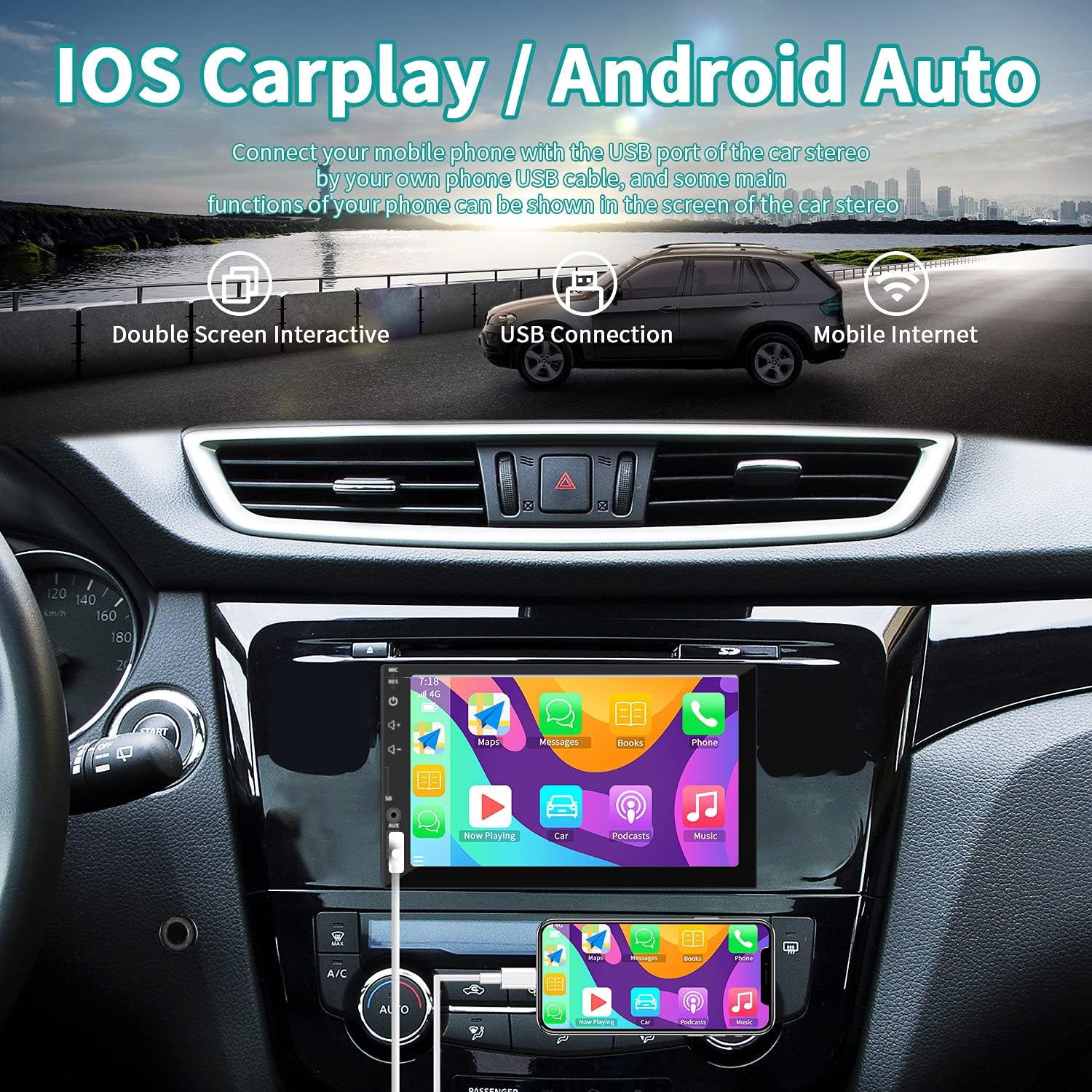 Double Din Car Stereo Radio Audio Receiver Compatible with Carplay, Android Auto, Mirror Link, 7 Inch Full Touchscreen Car Stereo, Front Backup Camera, Bluetooth, USB/TF/AUX Port, A/V Input, FM/AM