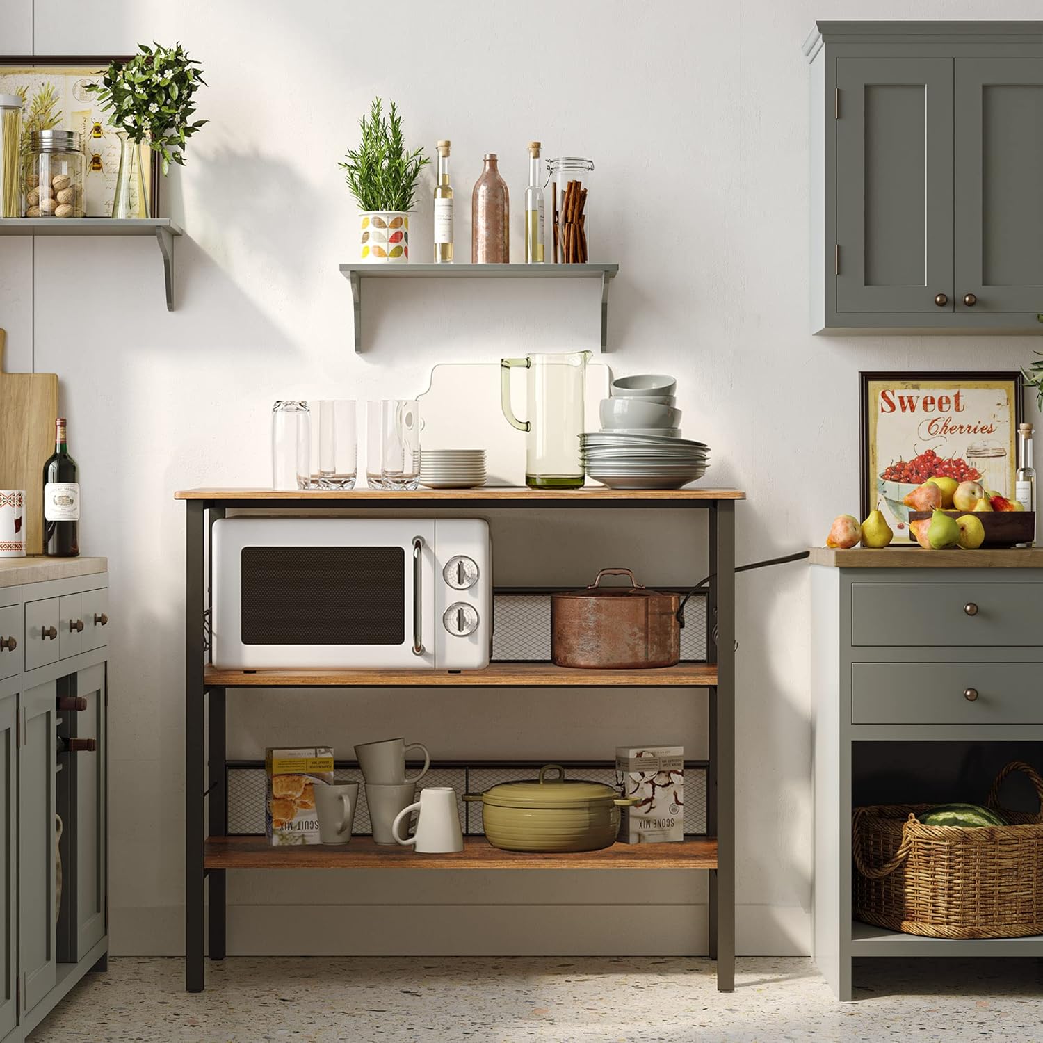 BEEWOOT Kitchen Island, Coffee Bar, Kitchen Shelf with Large Workstation, Kitchen Bakers Rack with 8 Hooks, 39.4 ”L × 17.7” W × 35.4”H, Stable Steel Structure and Easy Assembly, Rustic Brown KI01BB010