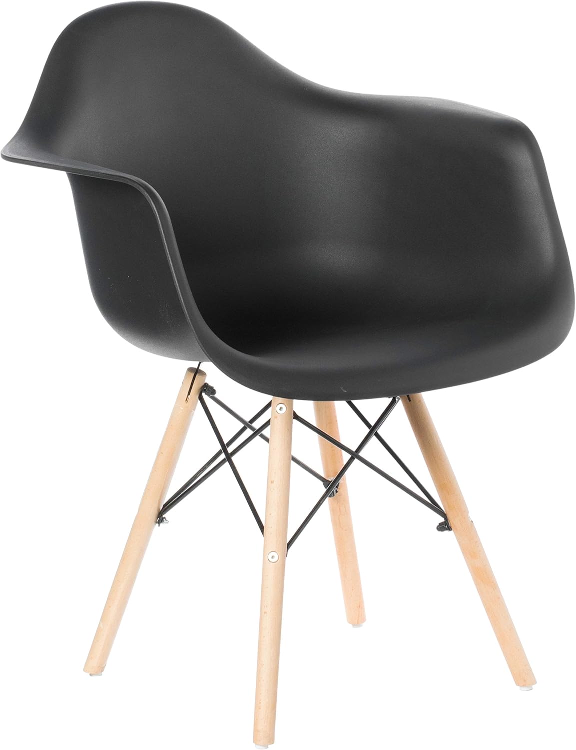 Fabulaxe Mid-Century Modern Style Plastic DAW Shell Dining Arm Chair with Wooden Dowel Eiffel Legs, Black, Single