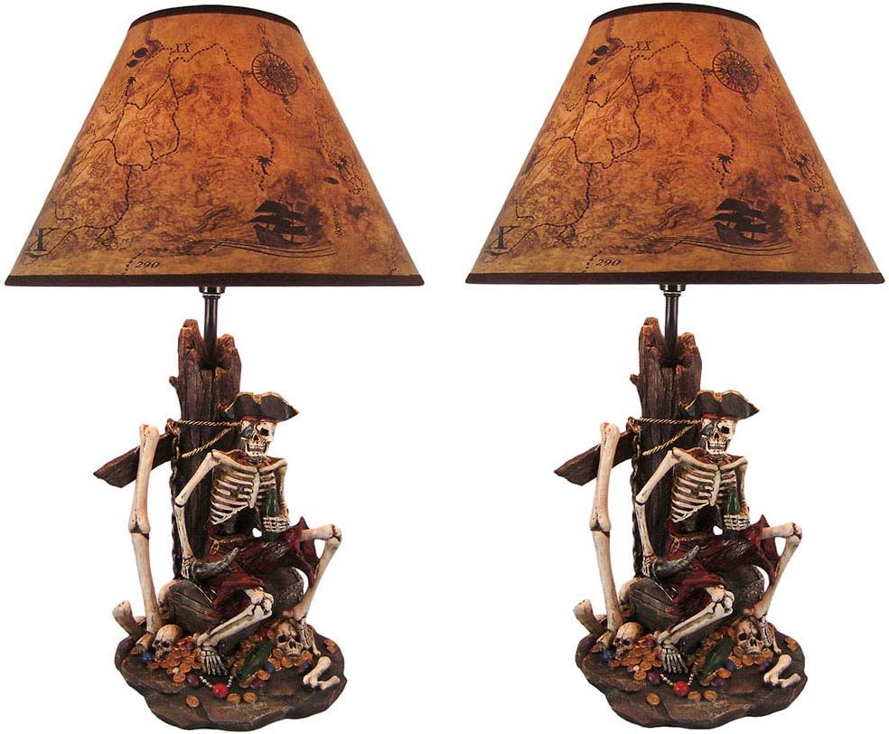 Set of Two 21 Inch Pirate Skeleton Caribbean Treasure Table Lamps With Treasure Map Shades Nautical Desk Light Beach Home Decor
