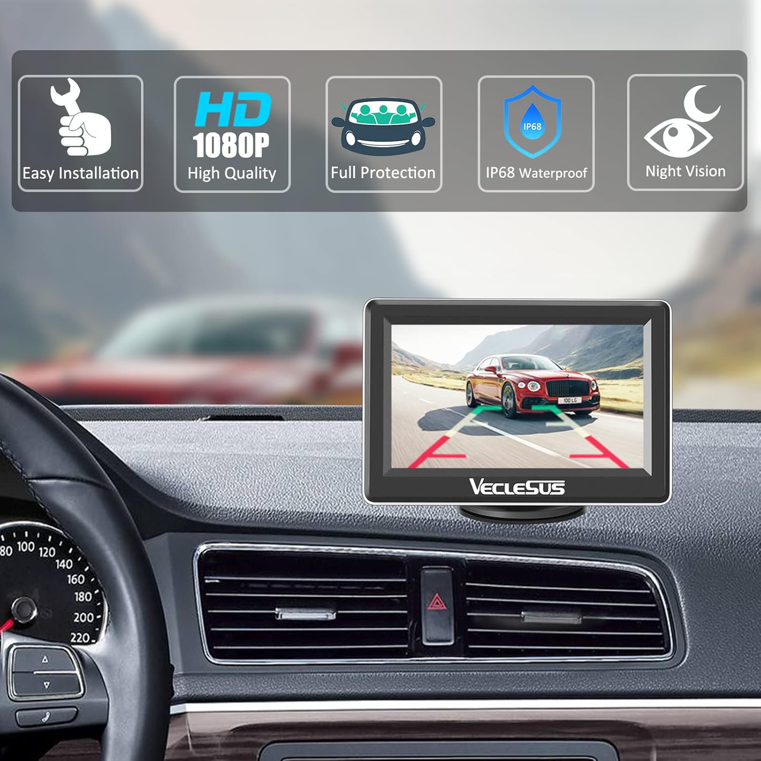 VECLESUS VM1 1080P Wired Car Backup Camera Kit, Continuous or Reverse Viewing Optional, 4.3&rdquo; Car Monitor with Waterproof Night Vision HD Backup Camera for Cars, Pickups, SUVs, Vans, Sedans, Trucks