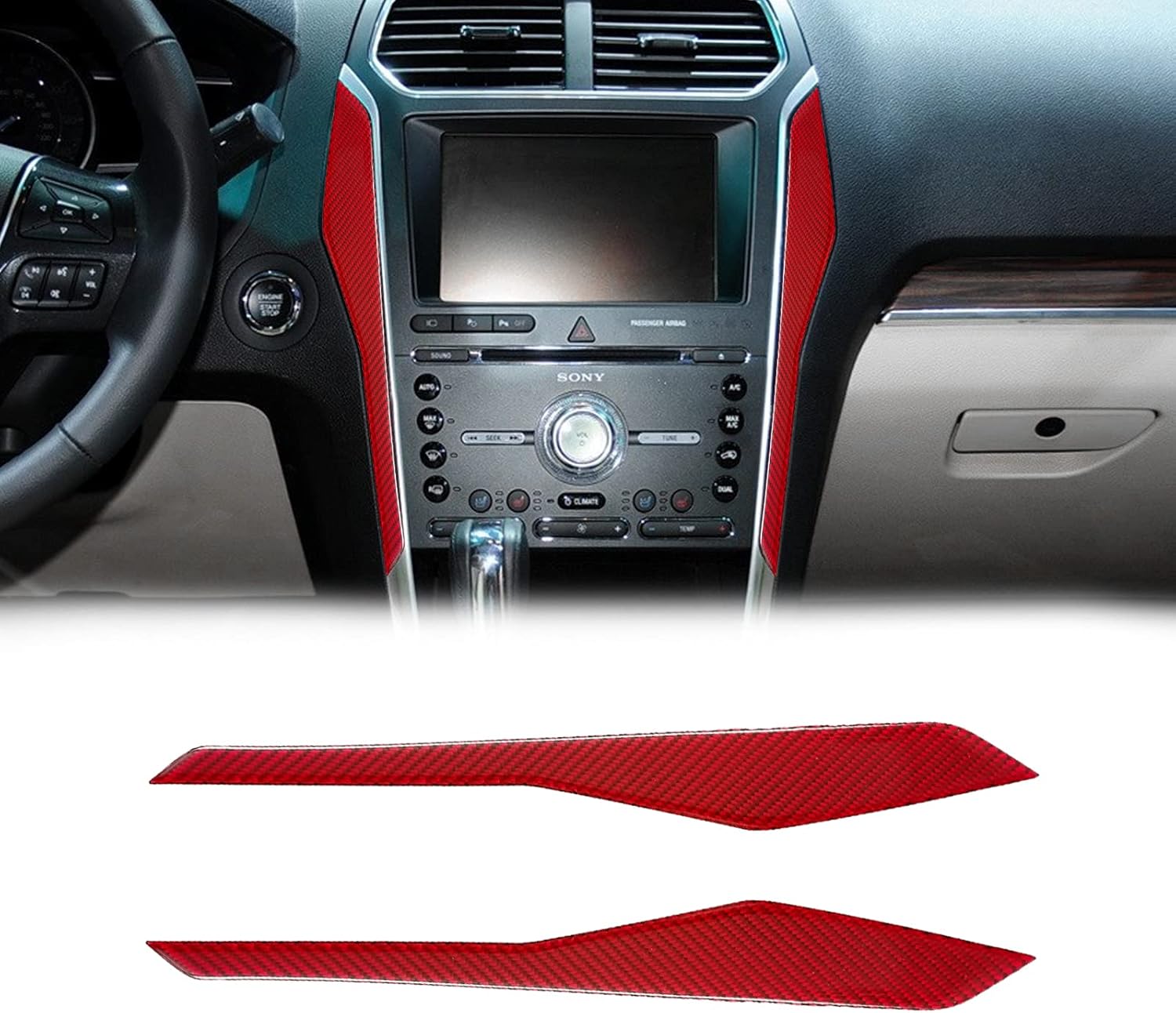 SUNJIKA Compatible with 2PCS Carbon Fiber Center Console Multimedia Screen Side Frame Strip Trim Cover Sticker Accessories for Ford Explorer 2013 2014 2015 2016 2017 2018 (Red)