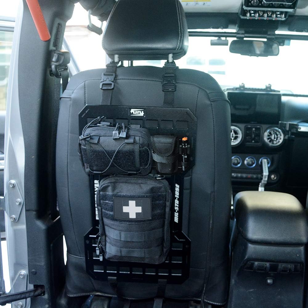 MAIKER Tactical Rigid Aluminum Insert Panel with 2 Organizer Storage Bag, 1 Multi-Function Tool, 1 Flashlight and 5 Fastening Tape Modular Storage Platform Tool Seat Cover Storage MOLLE Panel