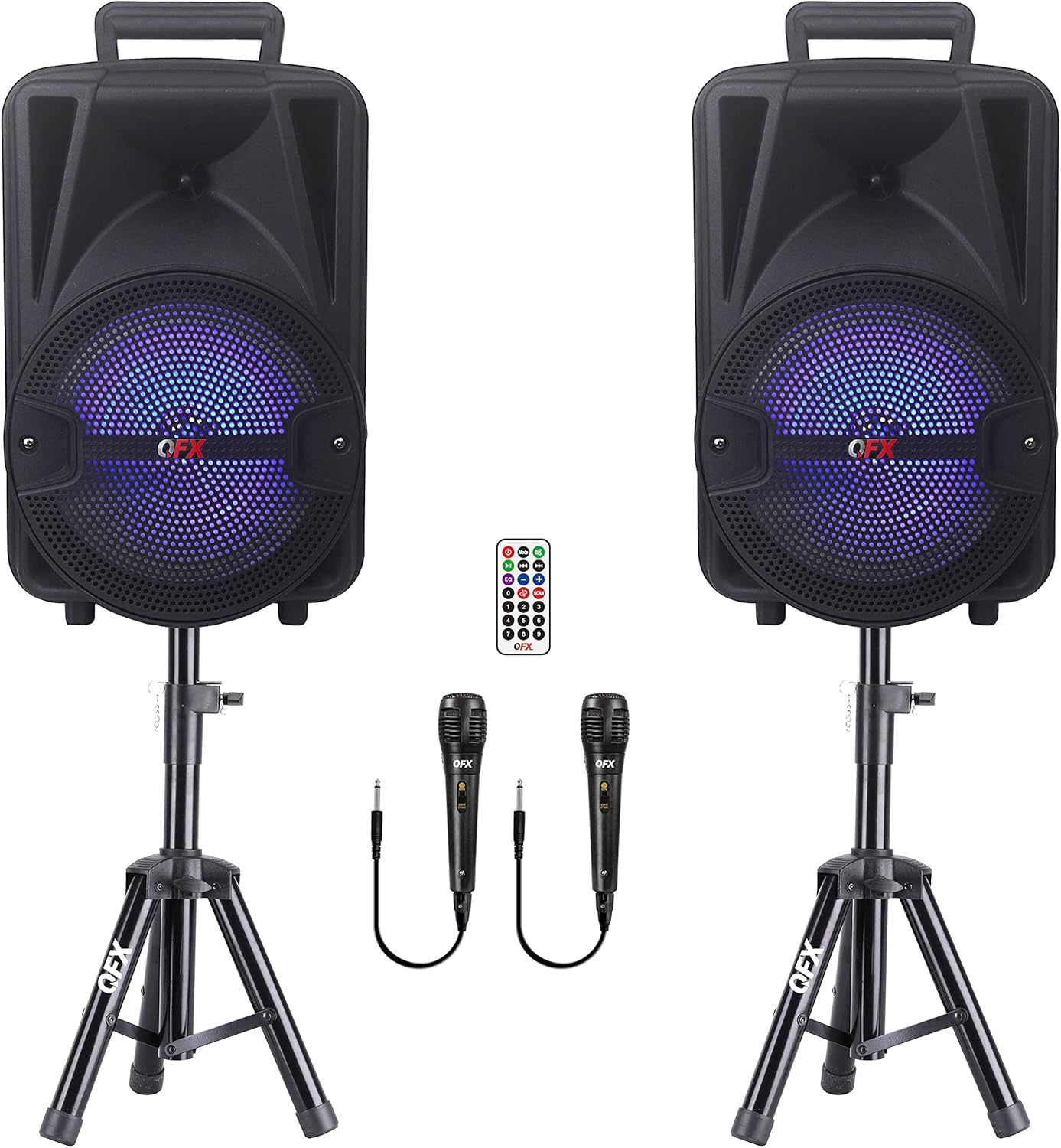 QFX PBX-800 TWS Bluetooth 8” Woofer 1” Tweeter Rechargeable Portable Speakers with Remote Control AC Adapter 2 Stands and 2 Microphones PBX-800TWS Black 2x8 Woofer and 2x1 Tweeter