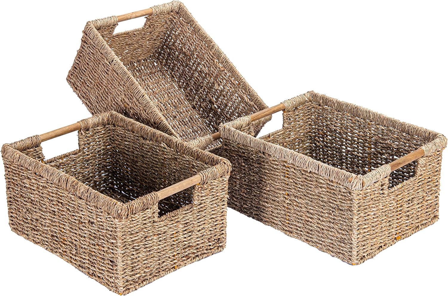 VATIMA Large Wicker Basket Rectangular with Wooden Handles for Shelves, Seagrass Basket Storage, Natural Baskets for Organizing, Wicker Baskets for Storage - 3 Pack Large