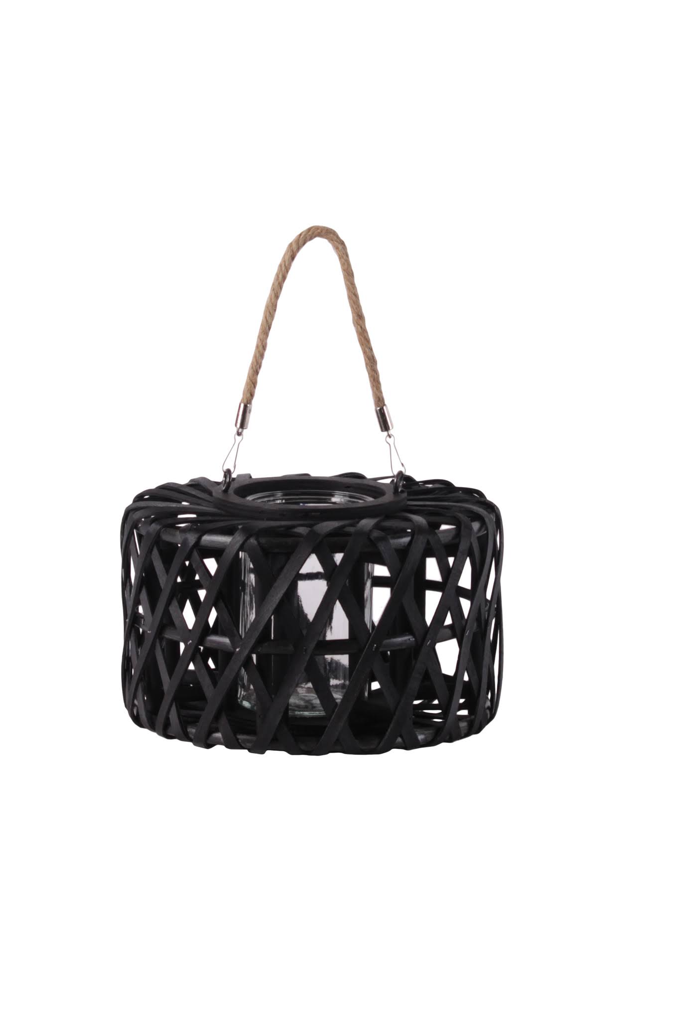 Benjara BM208423 Small Lattice Design Cylindrical Wooden Lantern with Rope Handle - Black