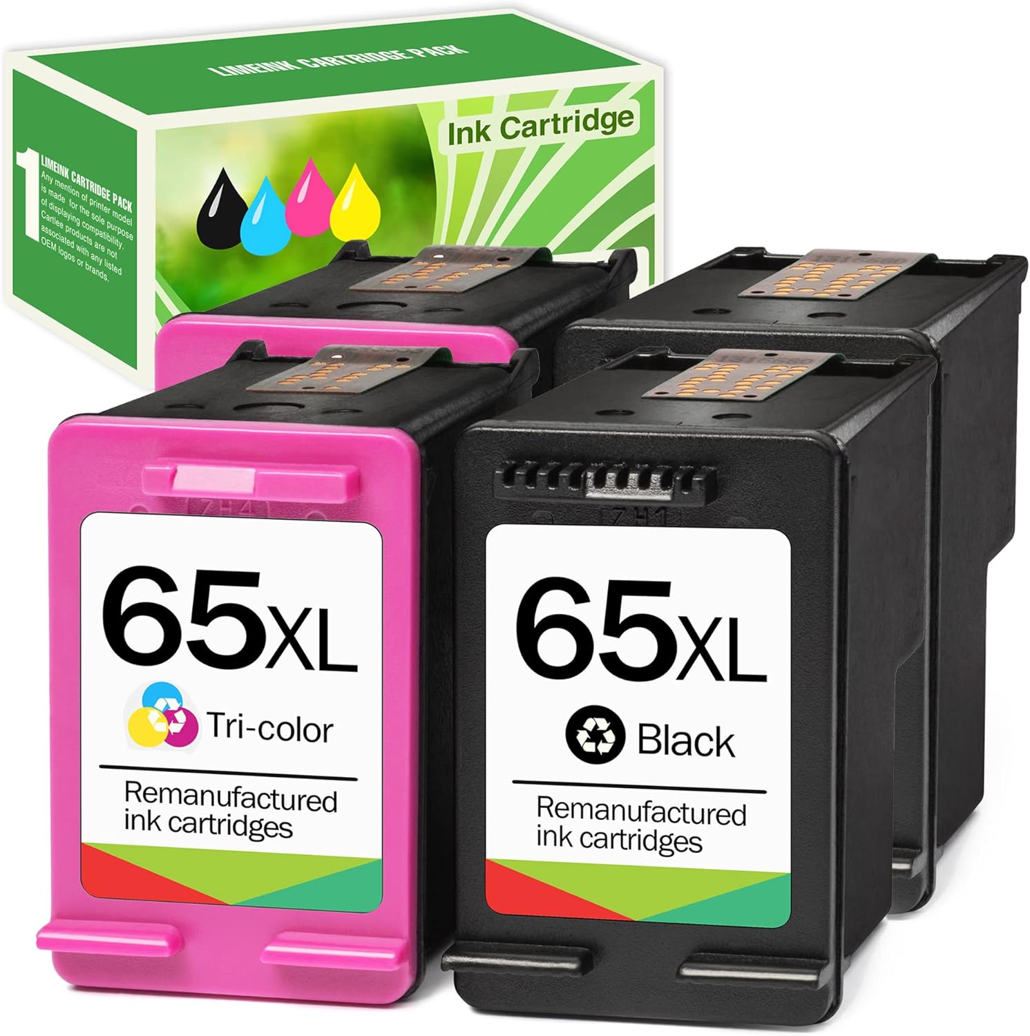 Limeink 4 Remanufactured Ink Cartridge Replacement for 65XL 65 XL High Yield for HP DeskJet 2600 2622 2652 2655 3700 3720 3722 3752 3755 Envy 5000 5052 5055 Printer AMP 100 Black and Color Combo Pack Pack of 2
