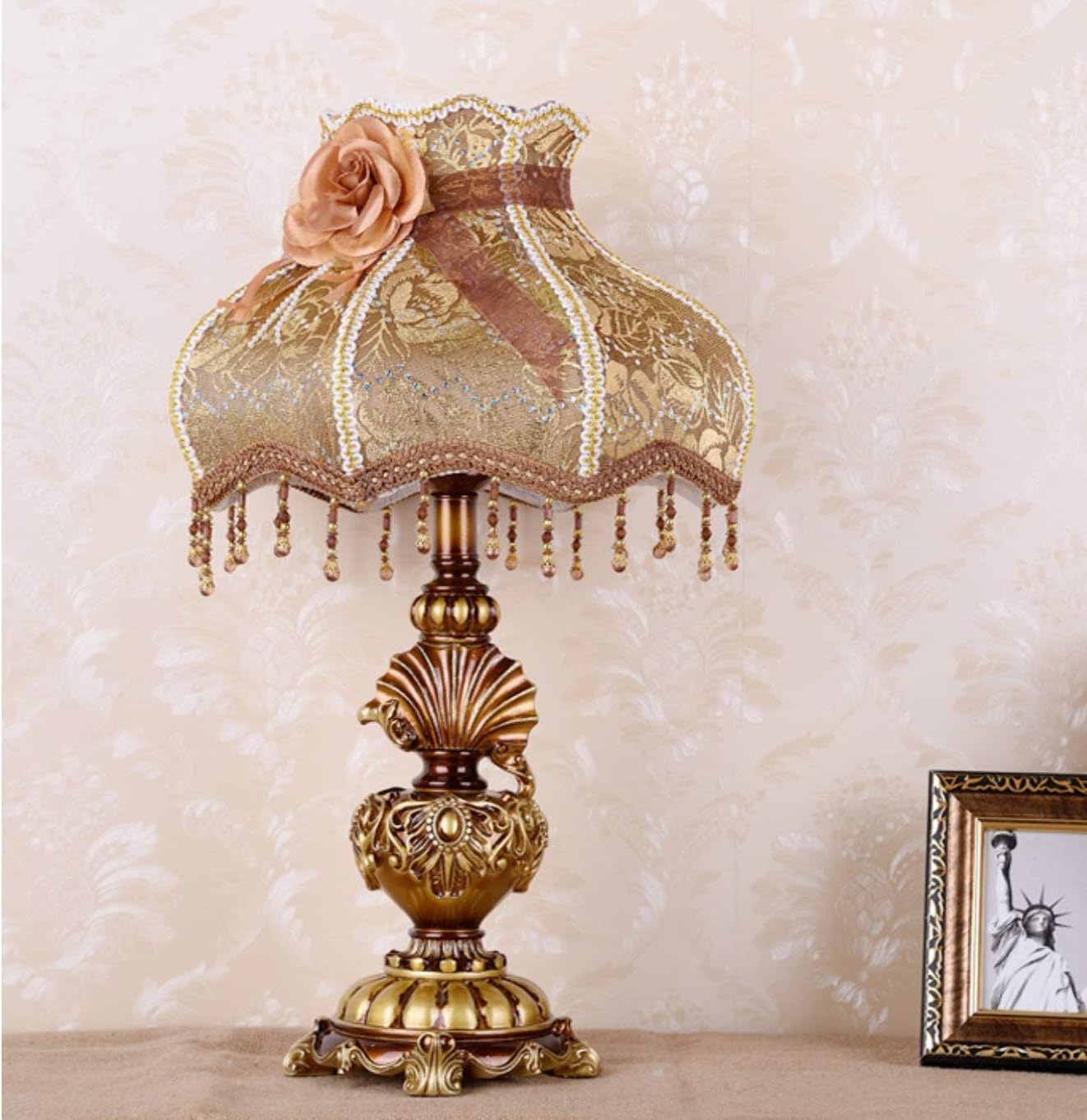 Traditional Table Lamp Brown Handmade Victorian Style Lace Fabric Lampshade Bedside Lamp Antique Painted Resin Base Desk Lamp for Bedroom Living Room Office, 13