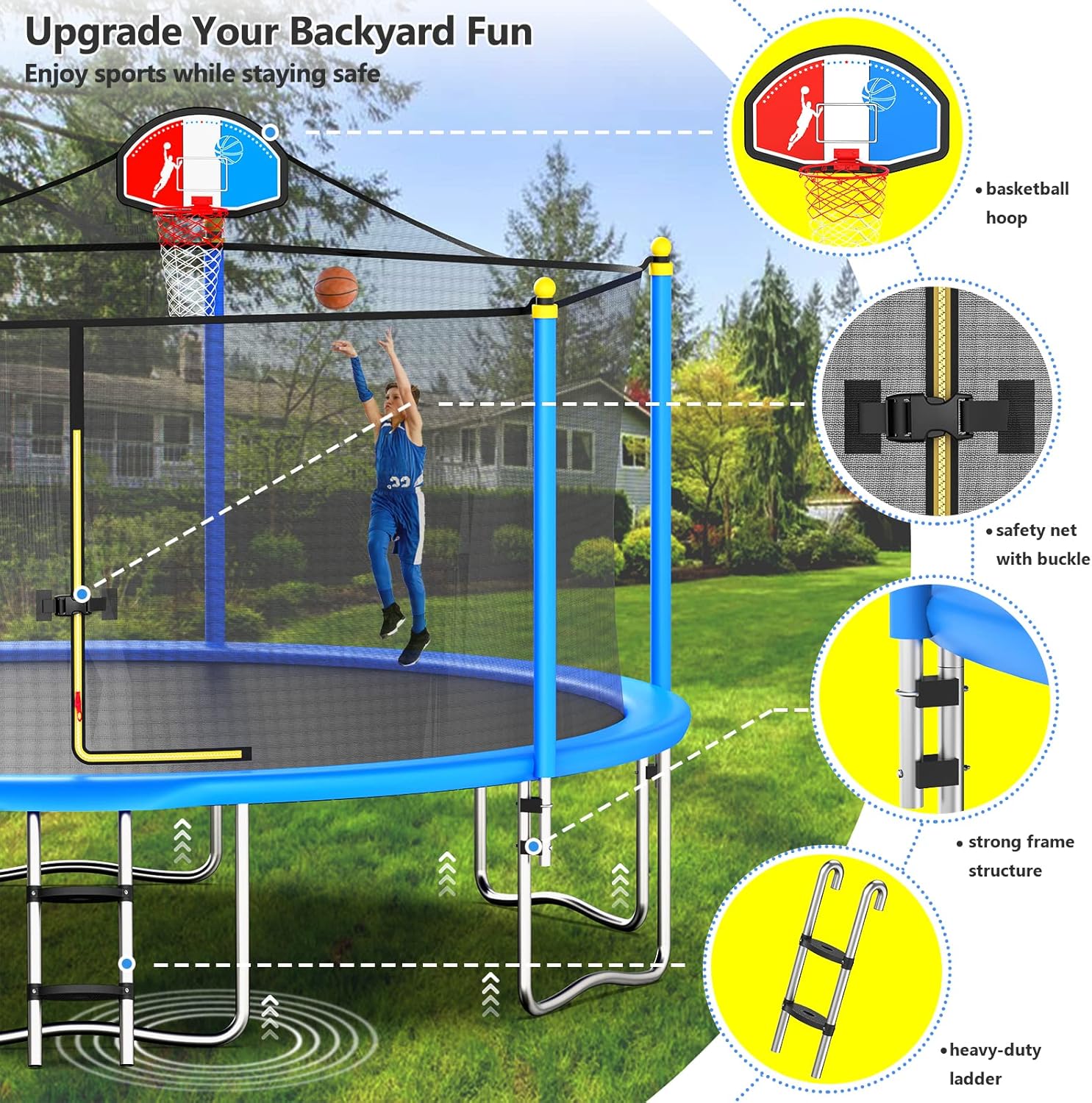 Lyromix 15FT Trampoline, Large Recreational Trampoline with Enclosure Net, Outdoor Trampoline with Basketball Hoop and Ladder, Backyard Jumping Trampoline, Capacity for 6-9 Kids & Adults, Blue