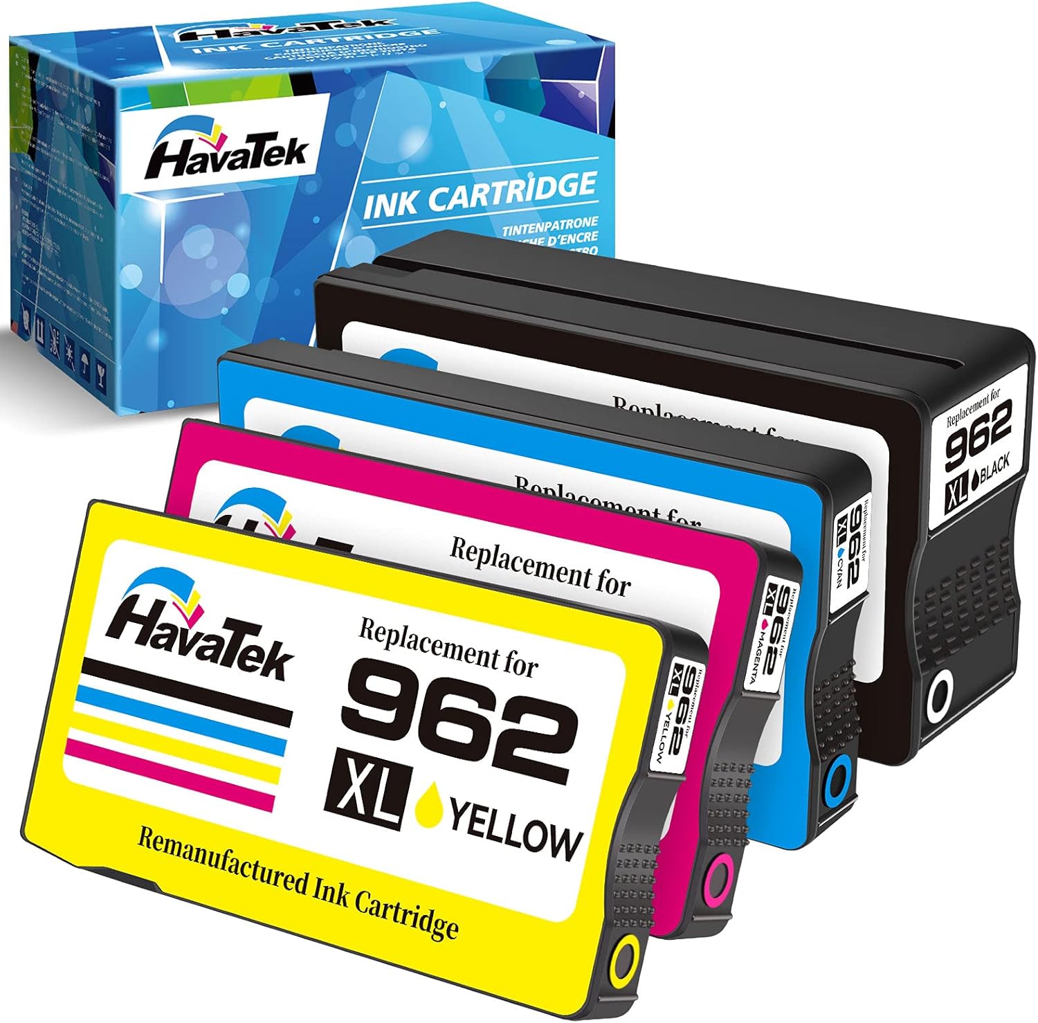 HavaTek Remanufactured Ink Cartridge Replacement for HP 962XL 962 XL Work with OfficeJet Pro 9010 9025 9015 9020 9018 9012 9028 9016 9015e 9026 9019 9025e Printer (1 Black 1 Cyan 1 Magenta 1 Yellow) Pack of 2