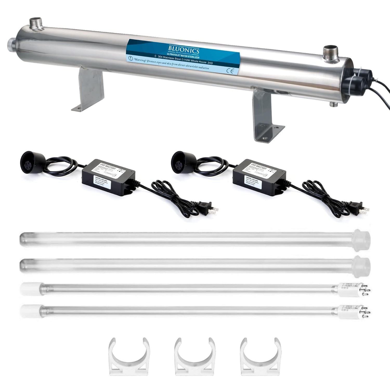 Bluonics Complete Well Water Solution with 110W UV+Sediment & Carbon Well Water Filter Purifier System 24GPM w/Triple Housing,40 Mic Pre Filter and Extra Filter Replacement