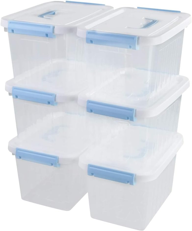 Tyminin Small Plastic Clear Storage Lidded Latch Box Bin with White Lid and Light Blue Handles, 6 Packs