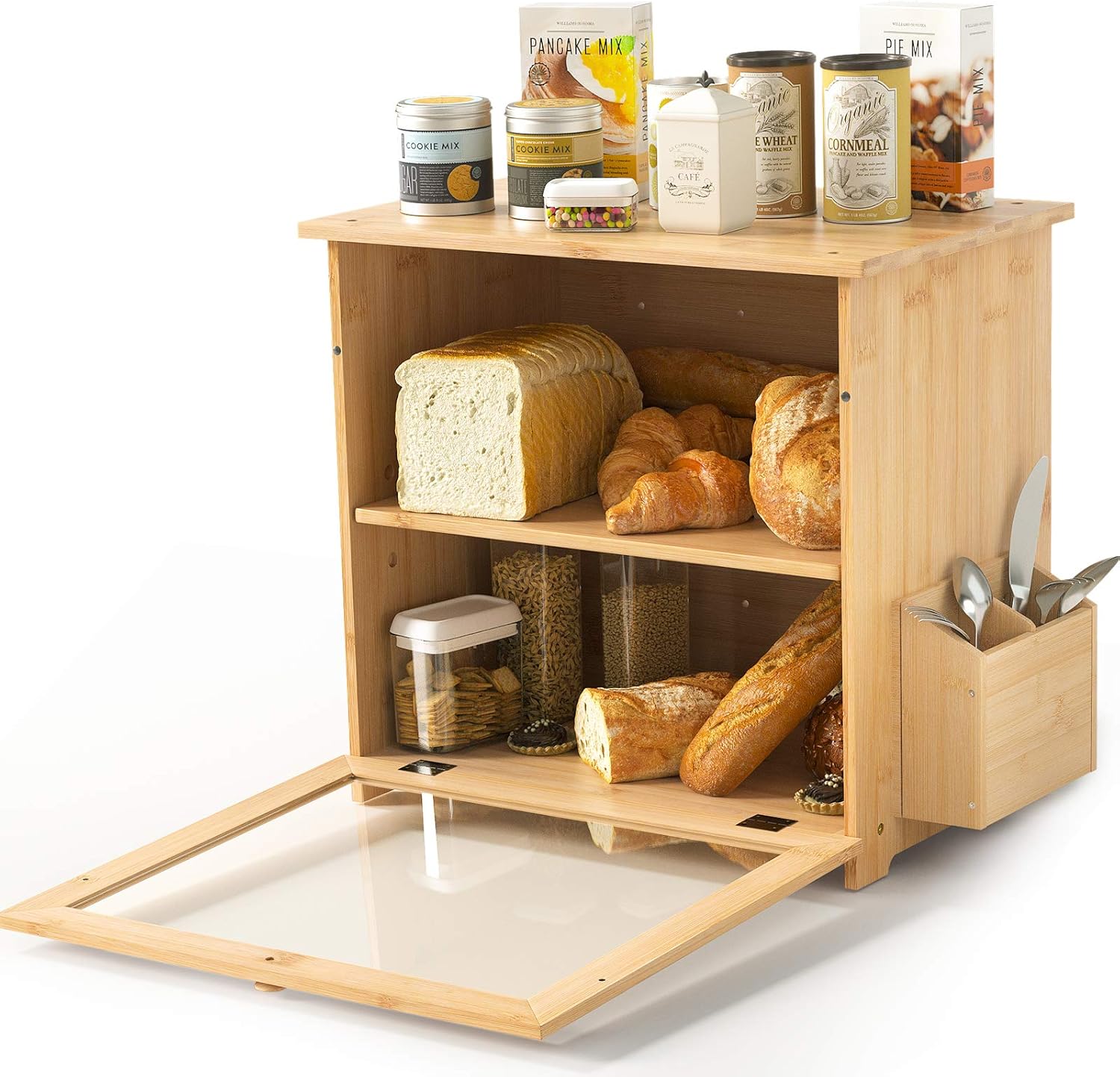 Bamboo Bread Box,Wooden Kitchen Storage Bin,Bread Container with Transparent Window / Adjustable 2- Layer Countertop Bread Storage for Kitchen & Picnic (Style2-Oblong Bread Box) Pack of 2