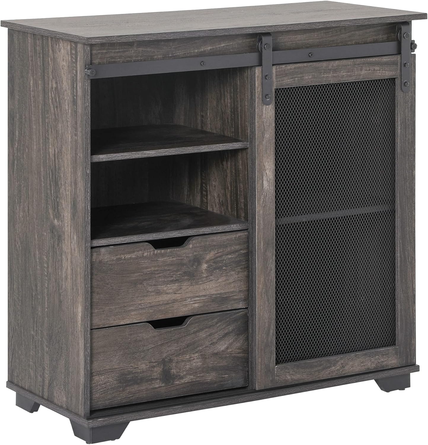 HOMCOM Industrial Storage Cabinet Freestanding Sideboard Buffet with 2 Drawers, 2 Shelves & Metal Mesh Door, Dark Brown/Black