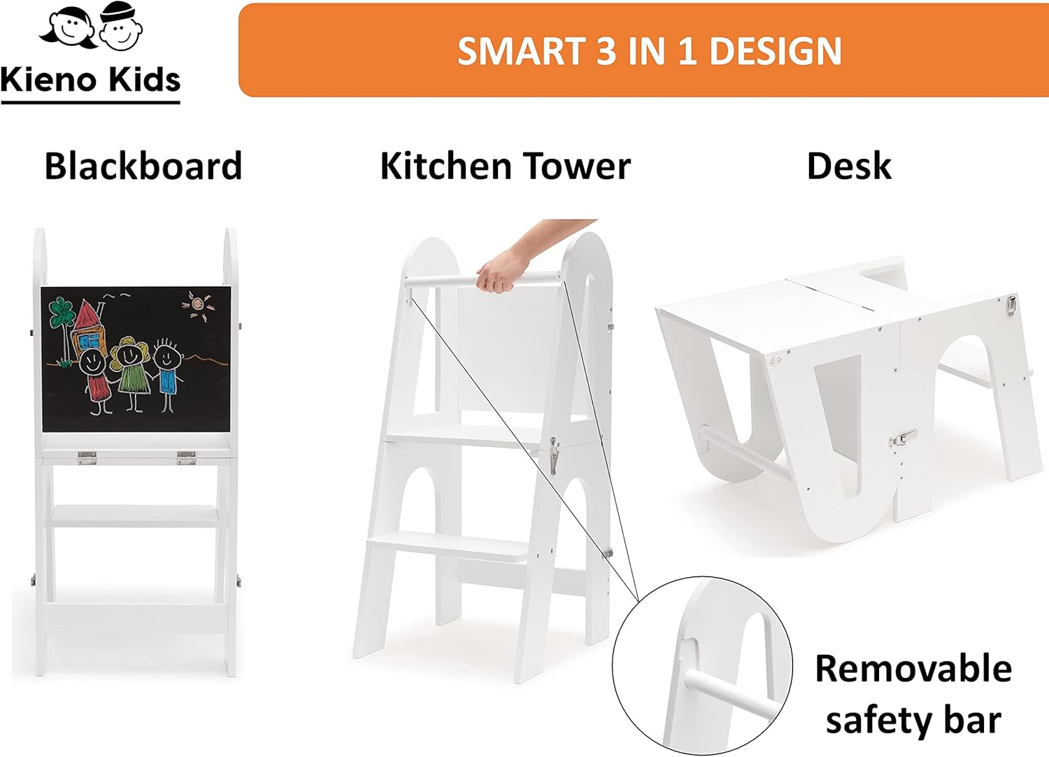 Kieno Kids Desk & Learning Stool for Toddlers - Foldable 3 in 1 Kitchen Helper Stool & Desk for Toddler with Black Board. Toddler Learning Tower (White)