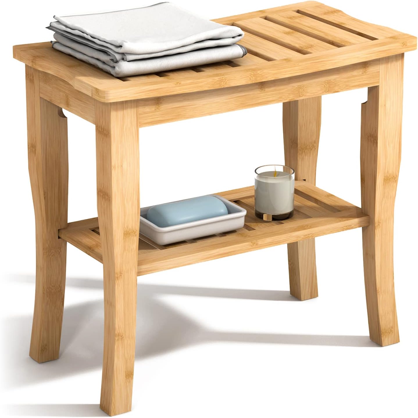 Bamboo Shower Bench with Shelf - Waterproof Wood Shower Stool for Inside Shower Spa Sauna Pack of 2