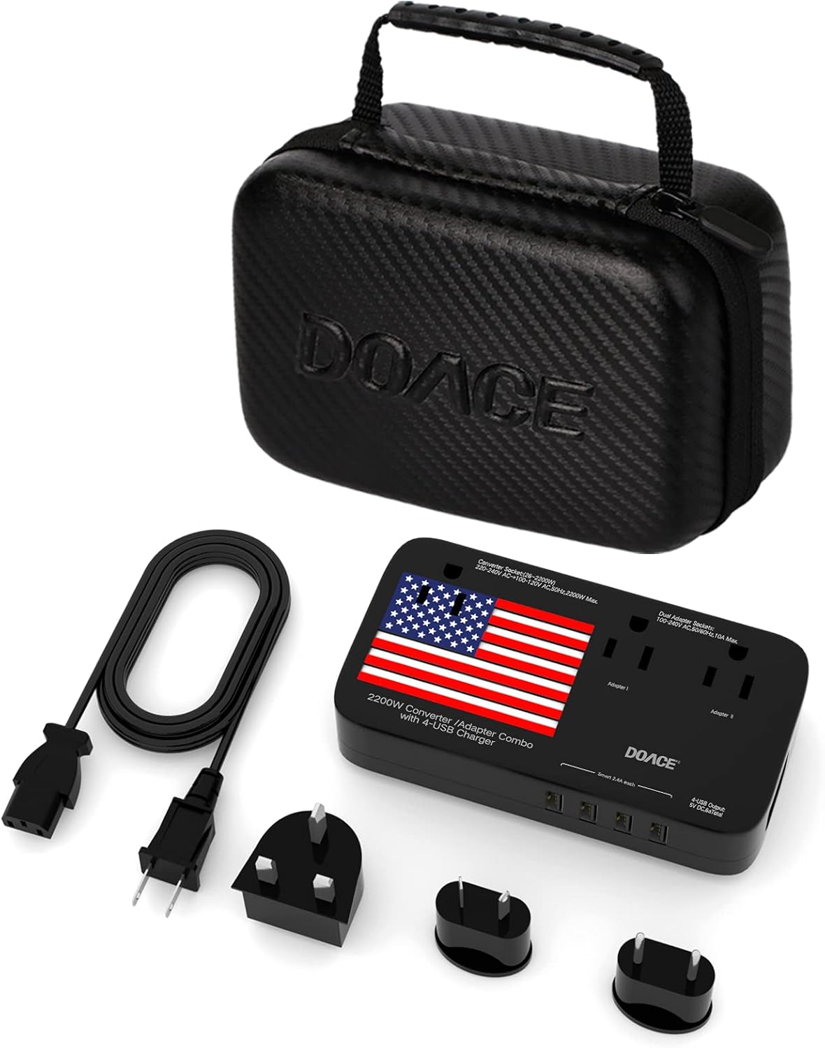 DOACE X11 2200W Travel Voltage Converter for Hair Dryer Straightener Curling Iron, 10A Travel Power Adapter with 6A 4-Port USB and UK/AU/EU/US Plug Wall Battery Chargers for Cell Phone Camera Laptop Pack of 2