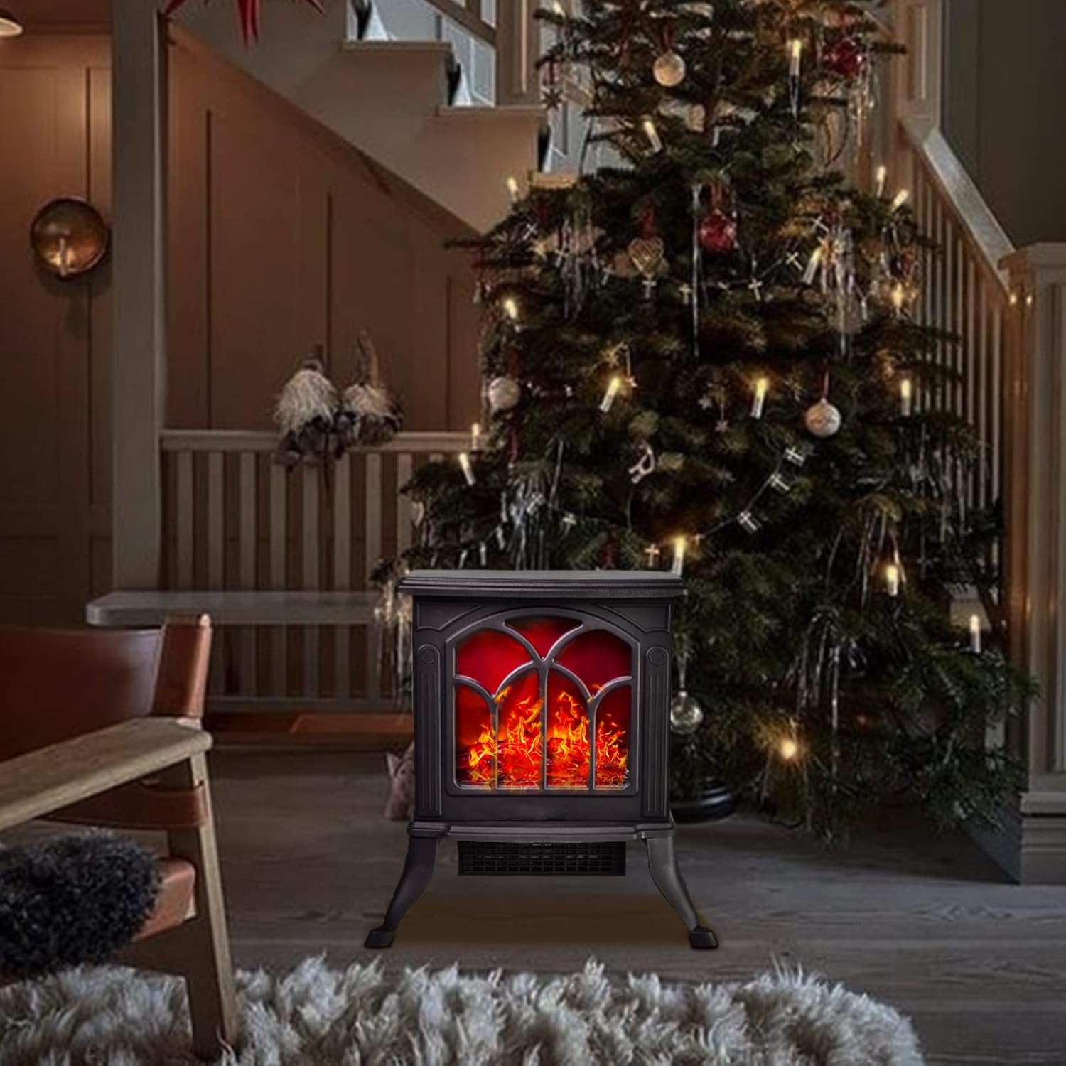 Freestanding Electric Fireplace Heater, 3D Realistic Flame Effect and Overheating Safety Design 800/1500w, Black Faux Space Heater Fireplace Stove for Indoor Use