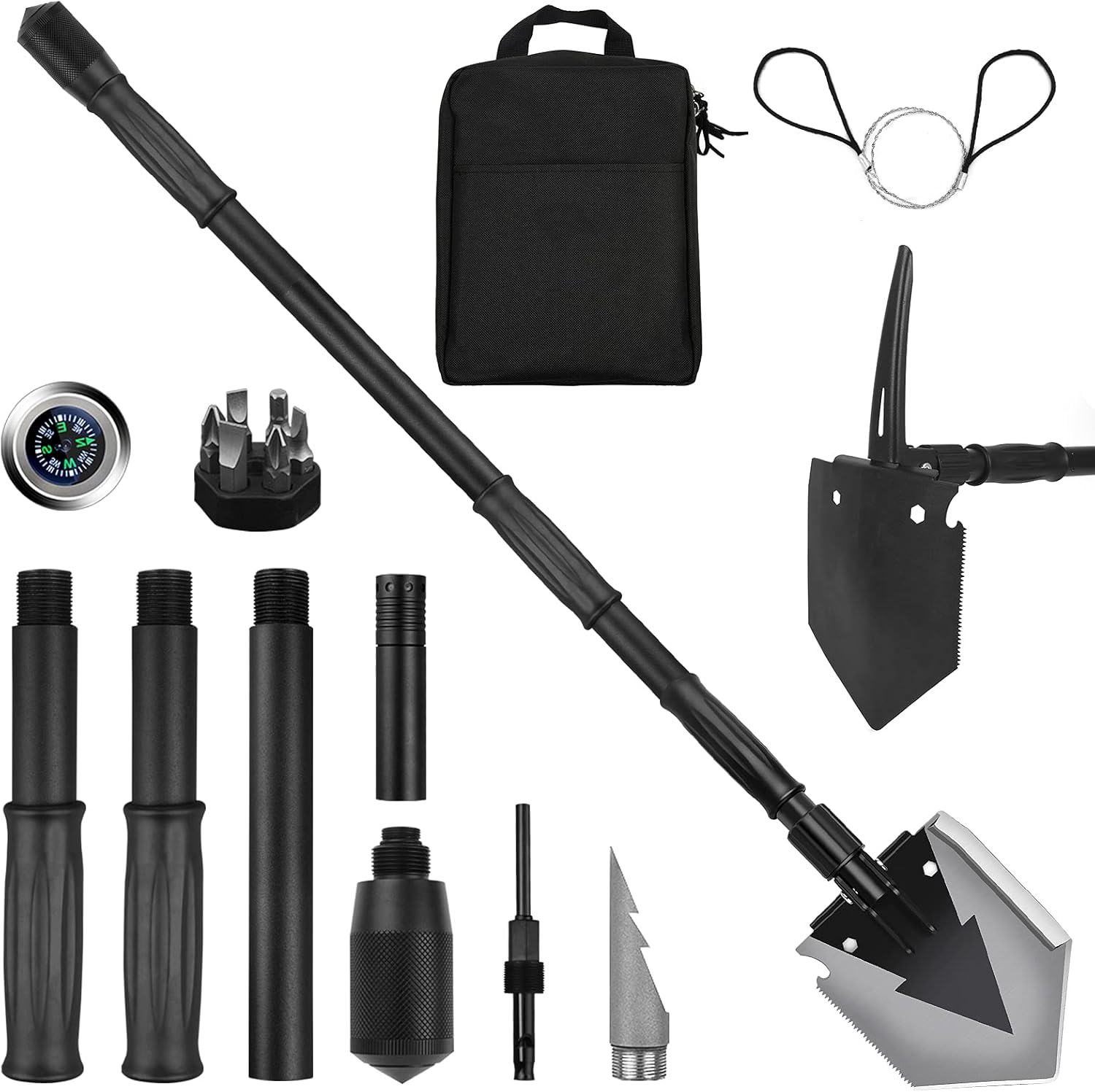 Yeacool Camping Shovel 38 inch, Folding Shovel, with Pickaxe, Survival Tactical Multitool, Military Compact Tool, 180 Degree Portable Spade for Off-Roading, Backpacking, Hiking, Car Emergency