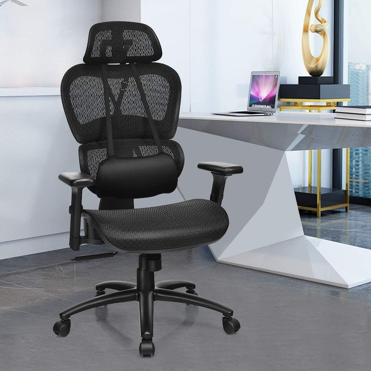 Giantex Ergonomic Office Chair, Mesh Computer Chair w/Adjustable 3D Armrest, Headrest, Lumbar Support Removable, Gaming Chairs, Managerial Office Chair, Executive Swivel Chair (Black)