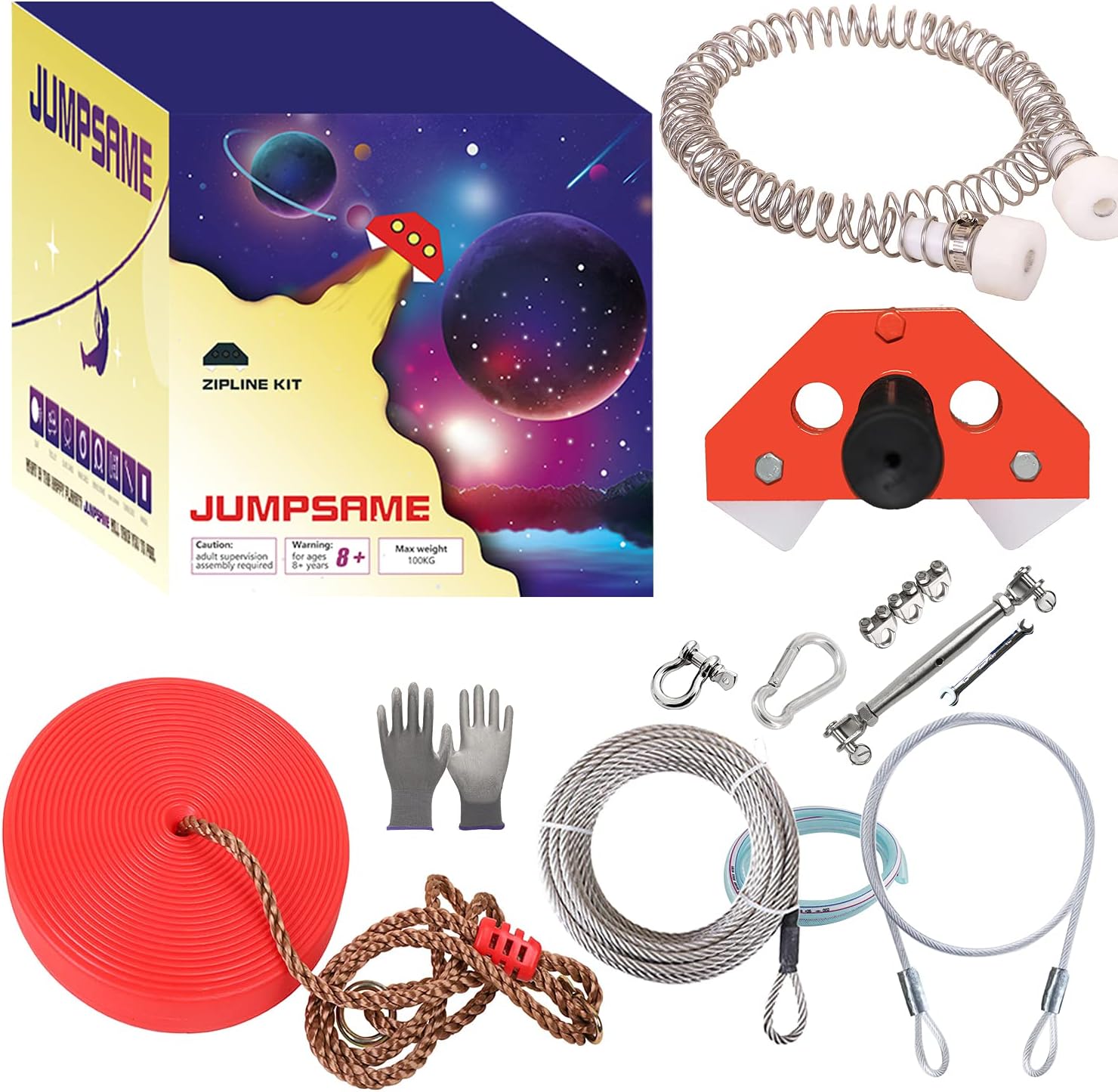 NW 100 Feet Backyard Zip Line Kit for Kids and Adult with Stainless Steel Spring Brake and Seat (Blue), 11.81 x 11.81 x 8.27 inch