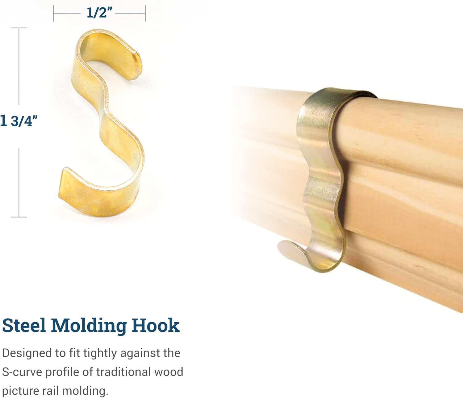 Molding Hooks - 25 Pack - Picture Rail Hangers - Brass Plated Steel - Picture Rail Hooks Wide