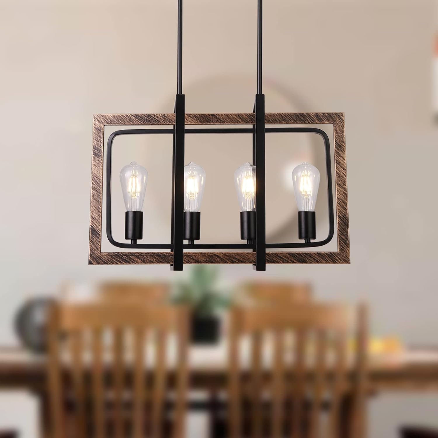 4-Light Modern Farmhouse Kitchen Island Light,Linear Style Adjustable Height,Gray Oak Wood Style + Black Finish Kitchen Light Fxitures, Farmhouse Light Fixtures for Dining Room、Kitchen Island、Bar