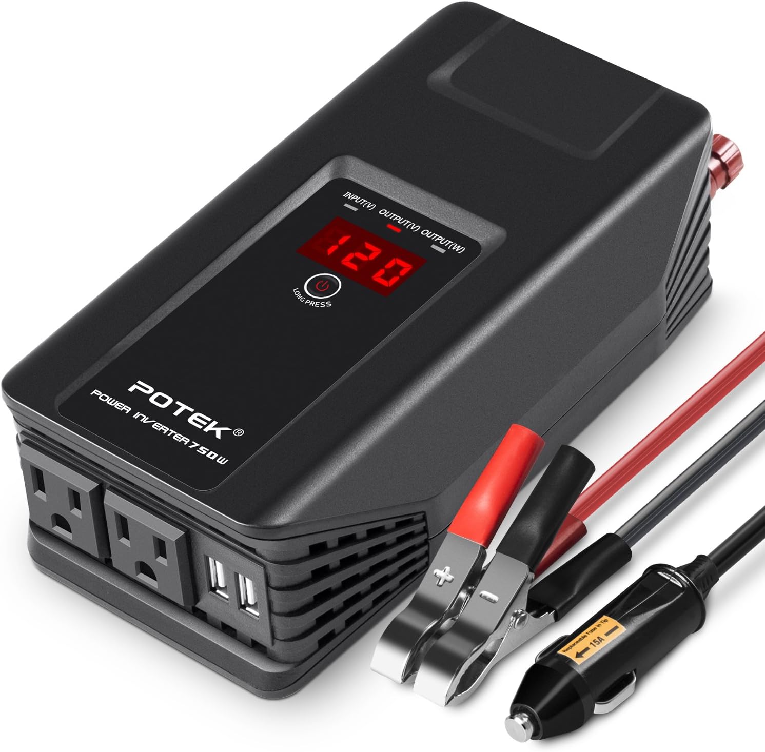 POTEK 750W Power Inverter 12V DC to 110V AC Car Adapter with Two USB and AC Charging Ports for Laptop,Tablet, Smartphone,Camera and More Pack of 2