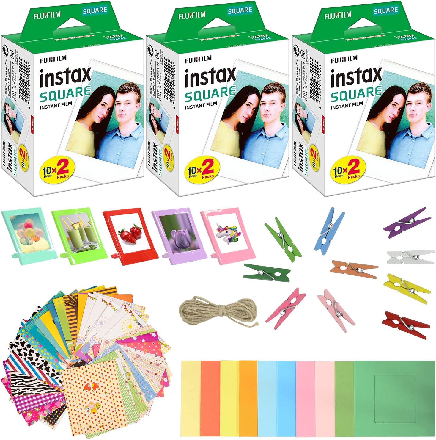 Fujifilm Instax Square Instant Film (3 Pack, 60 Sheets) 5 Plastic Desk Frames + 10 Paper Frames Plus 60 Sticker Frames Pack of 2