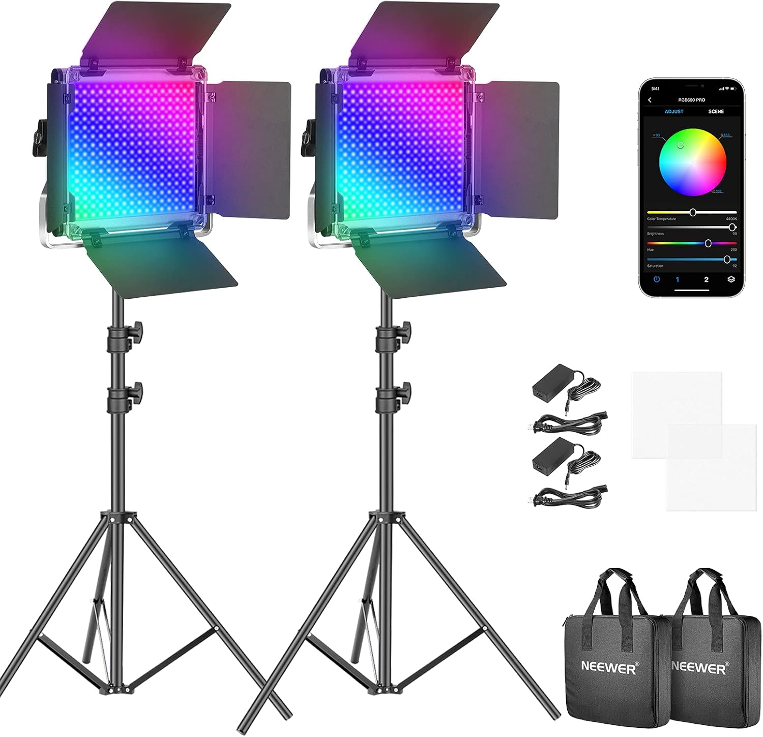 Neewer 2 Packs 660 PRO RGB LED Video Light with App Control Stand Kit, 360° Full Color, 50W Dimmable Bi-Color 3200K~5600K Video Lighting CRI 97+ for Gaming/Streaming/Zoom/YouTube/Webex/Photography