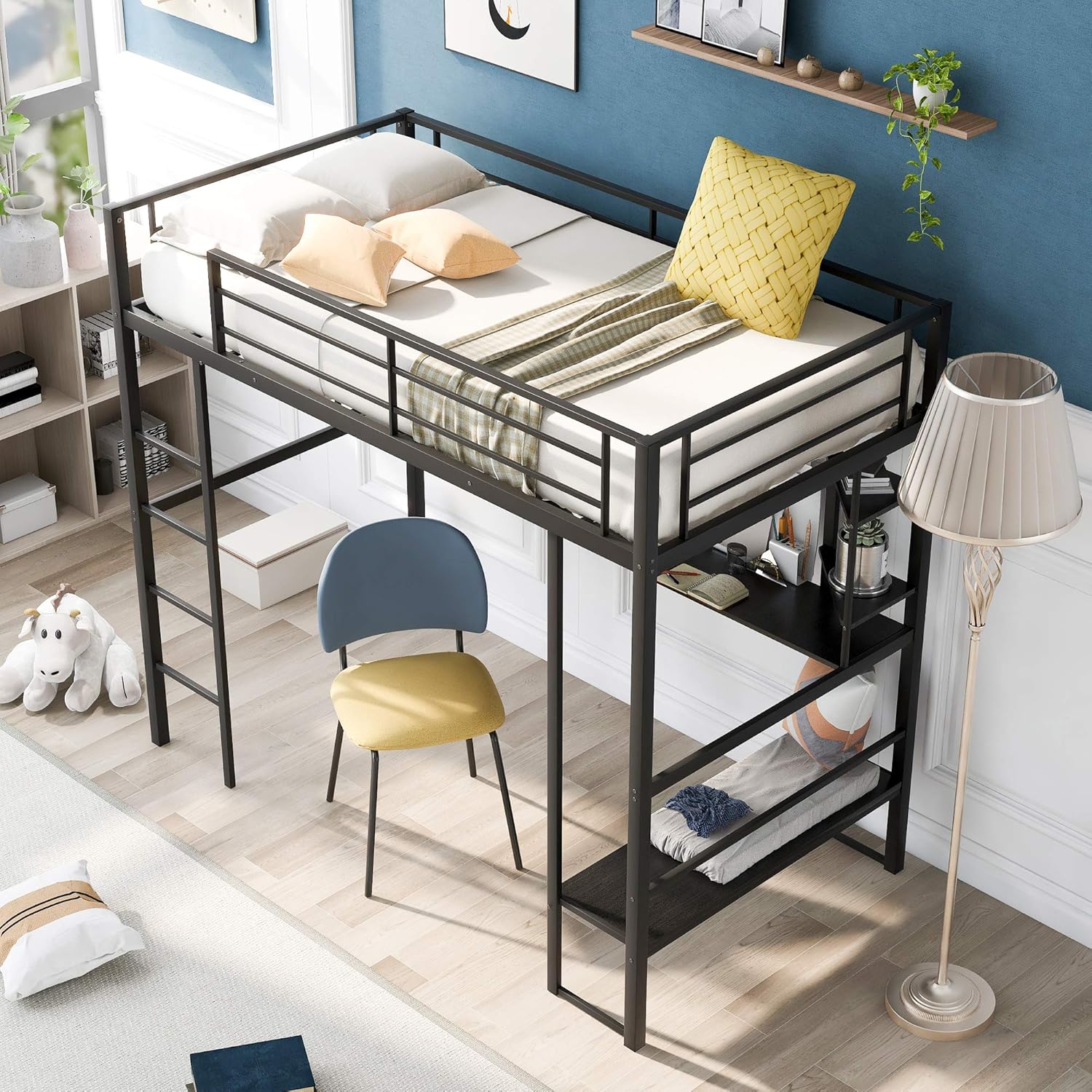 Metal Loft Bed with 2 Ladders, Twin Loft Bed Frame with Full Guardrail, Sturdy Steel Frame, No Box Spring Needed (Black)