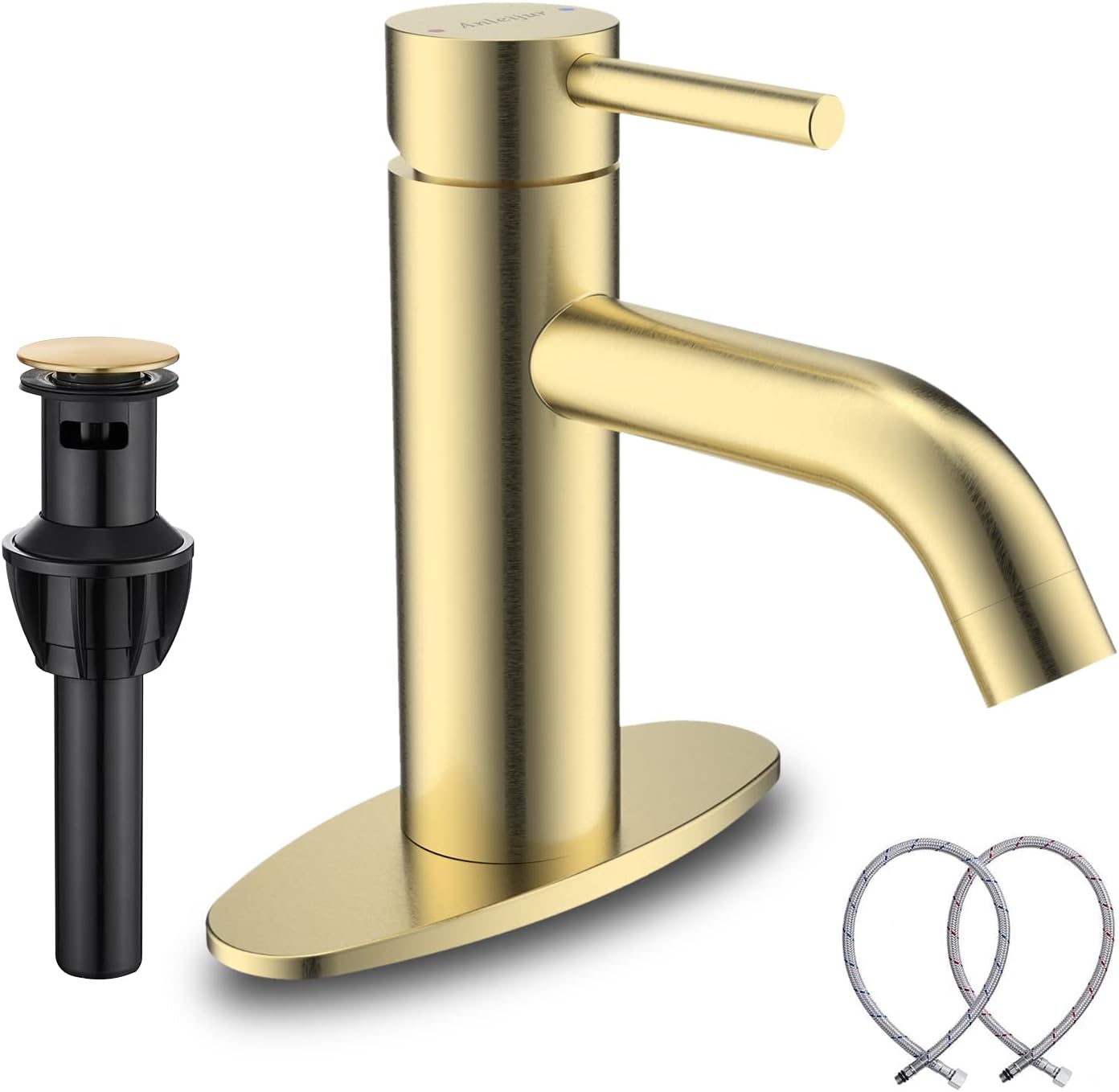 Bathroom Sink Faucet 1 Handle, Anleijur Bathroom Faucets for Pop Up Drain Stoppe, with Supply Line Deck Plate and Water Line, Black Bathroom Faucet for Lavatory, RV, Bathroom, Restroom(Matte Black)