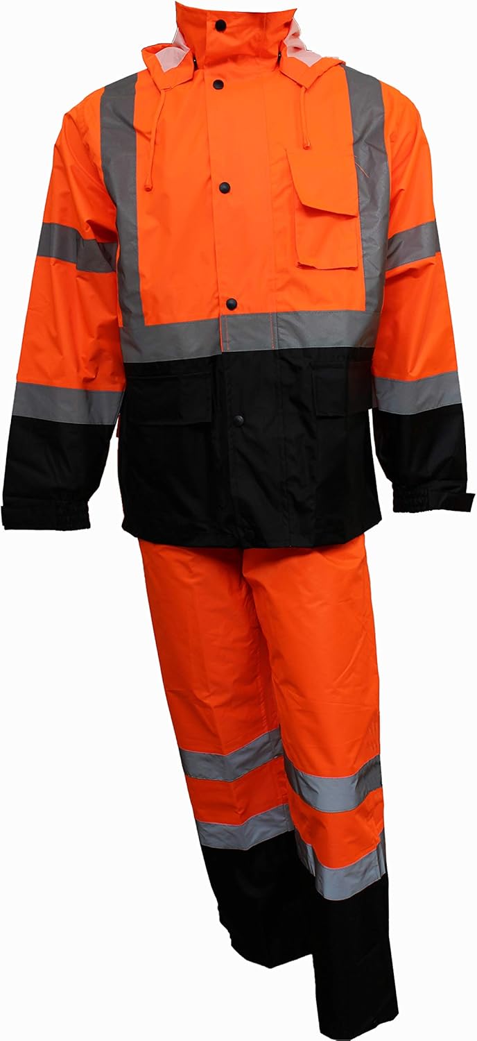 RK Safety RW-CLA3-OR33 Class 3 Rain suit, Jacket, Pants High Visibility Reflective Black Bottom (Large, Orange)