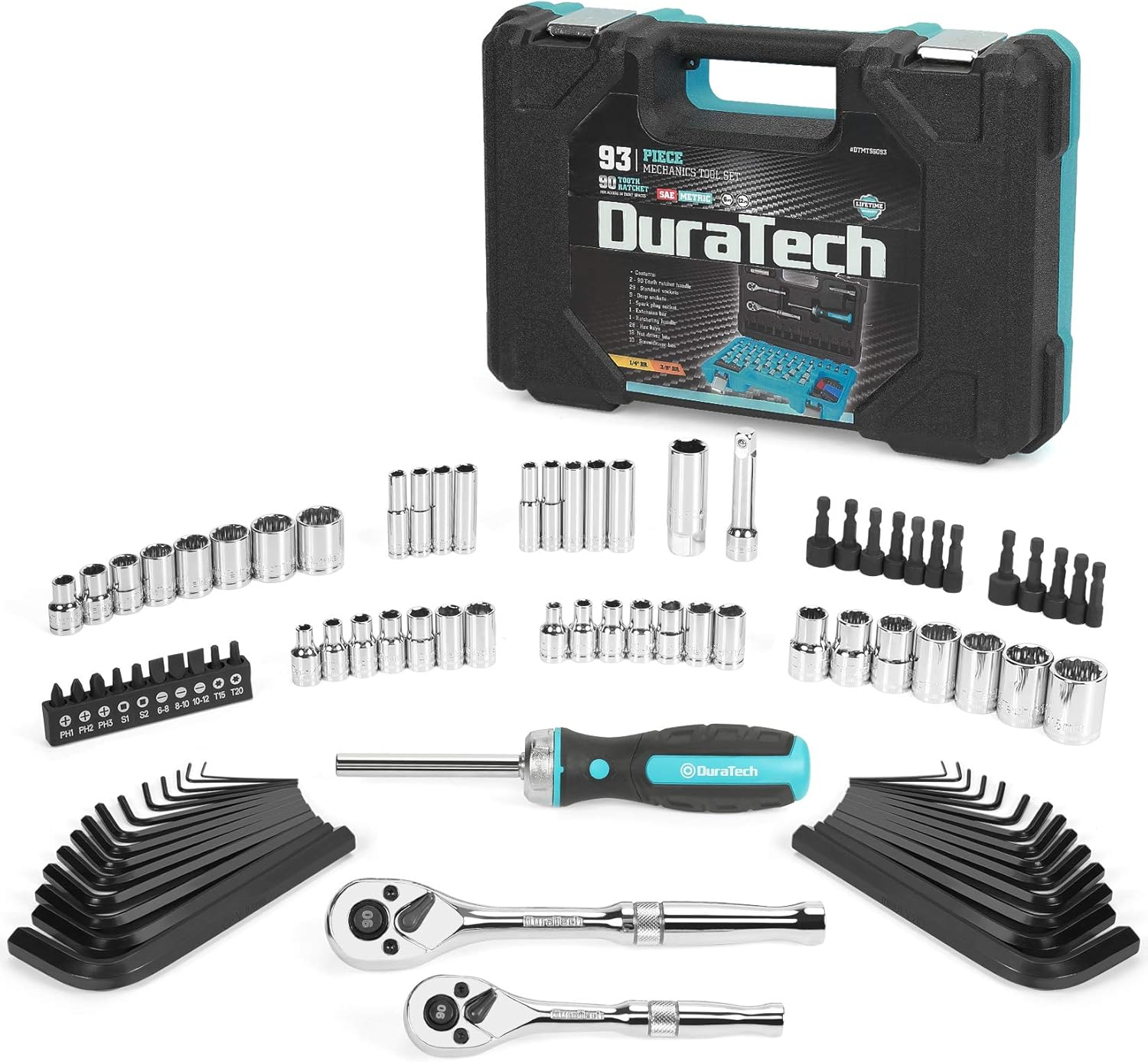 DURATECH 93 Piece Mechanics Tool Set, SAE/ Metric Drive Socket Set(1/4 Inch and 3/8 Inch) with Ratchet handle Spark Plug Magnetic bit driver and Tool Accessories Set