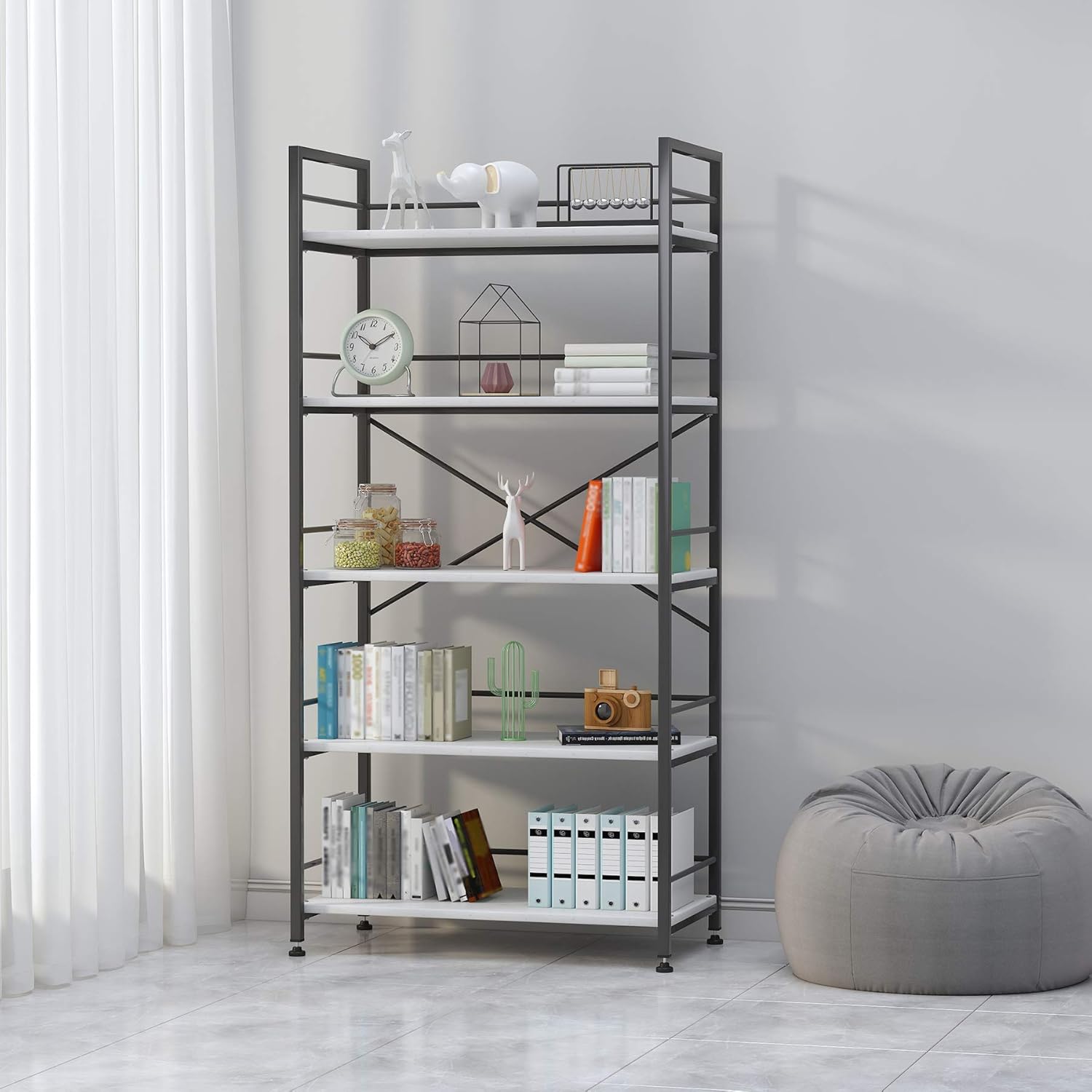 UDEAR Bookshelf Mordern Metal MDF Board Open Book Shelves Living Room Bookcase Shelving Unit Storage System Multifunctional,Black,5 Tier