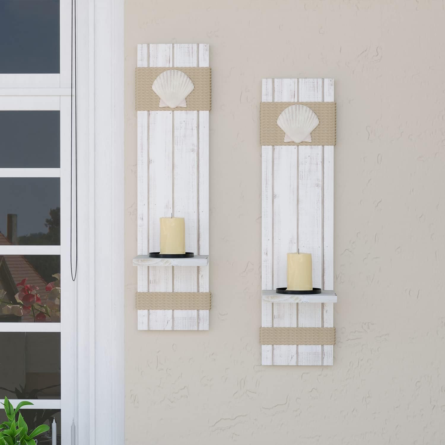 COSIEST Wall Hanging Candle Holders, Candle Sconce Set of 2 Decorative Oceanside Themed Seashell Design, Nautical Style Beach Bathroom Decor Pack of 2