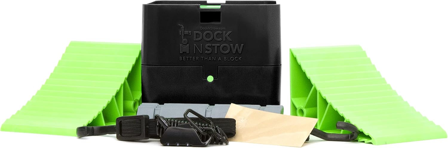 Dock N Stow Trailer Jack Stand, Stabilizer Leveling Block Store on Tongue Frame, Fits Most Jacks, Set Includes Wheel Chocks & Lock, RV Camper, Boat, Pop Up Travel Accessories, Secure w/Bungee, GEN 1B