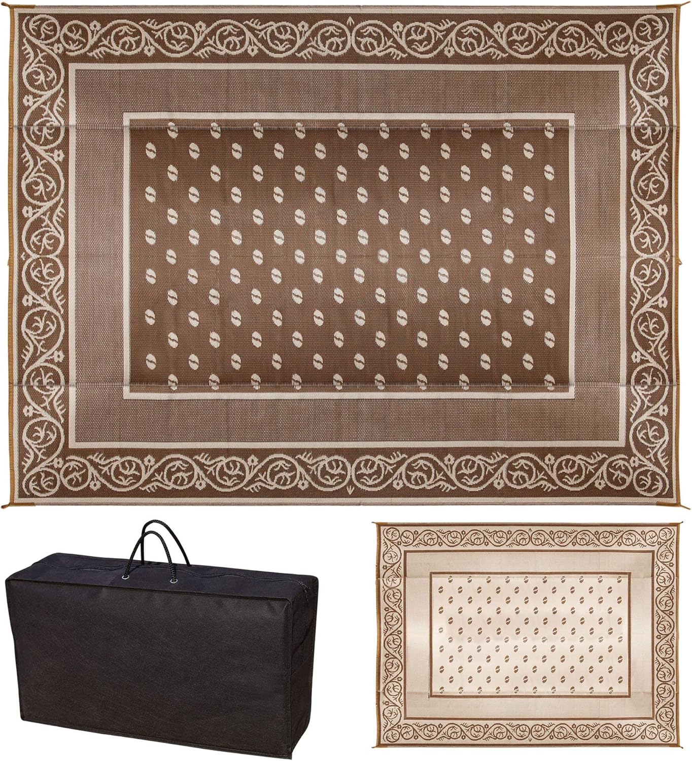 SAND MINE Reversible Mats, Plastic Straw Rug, Modern Area Rug, Large Floor Mat and Rug for Outdoors, RV, Patio, Backyard, Deck, Picnic, Beach, Trailer, Camping (9' x 12', Brown & White)