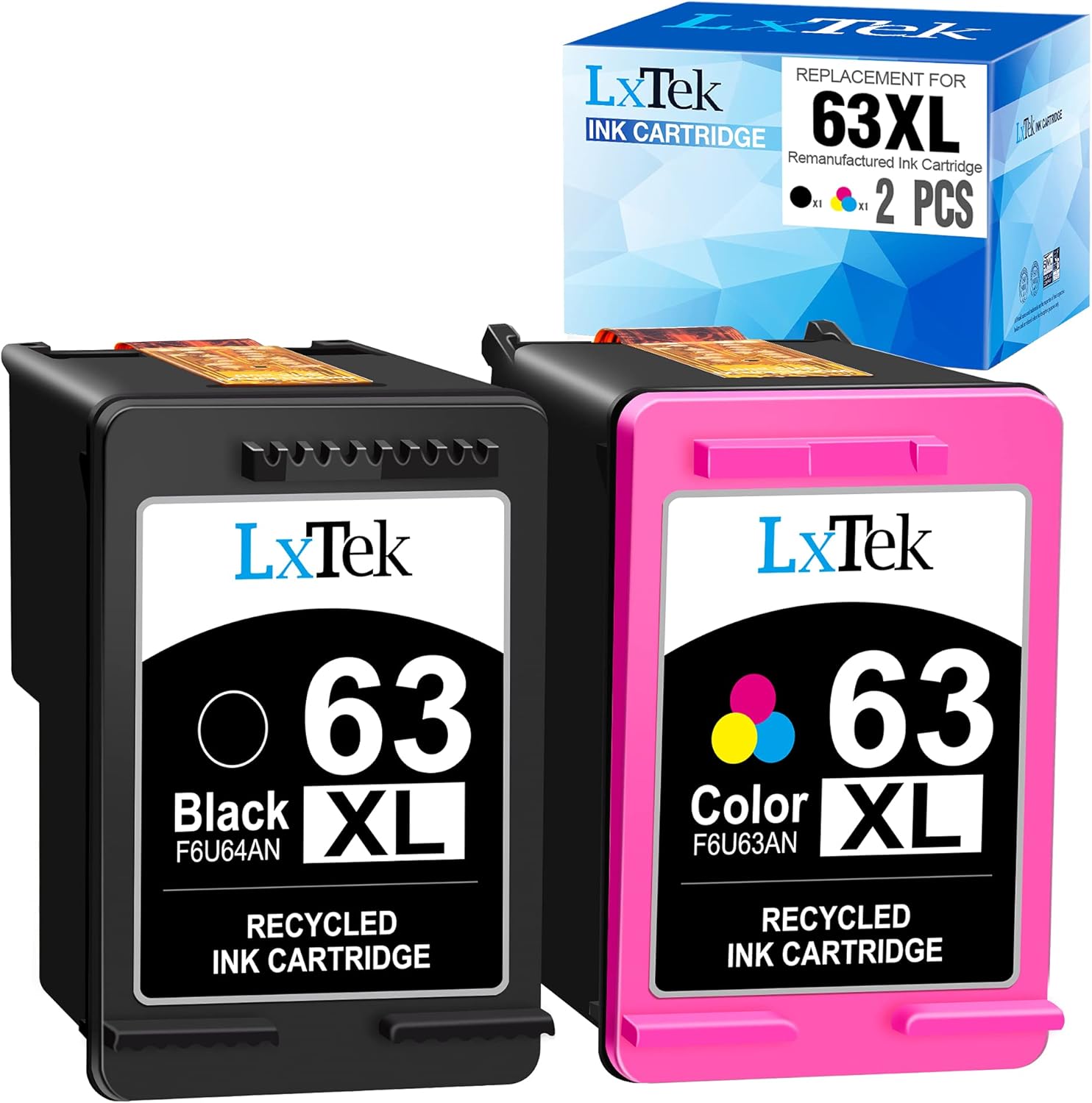 LxTek Remanufactured Ink Cartridge Replacement for HP 63 63XL Compatible with HP Officejet 5255 5258 5260 3830 Envy 4520 4516 DeskJet 1112 2132 3632 Printer Tray, 2 Pack (1 Black, 1 Tri-Color) Pack of 2