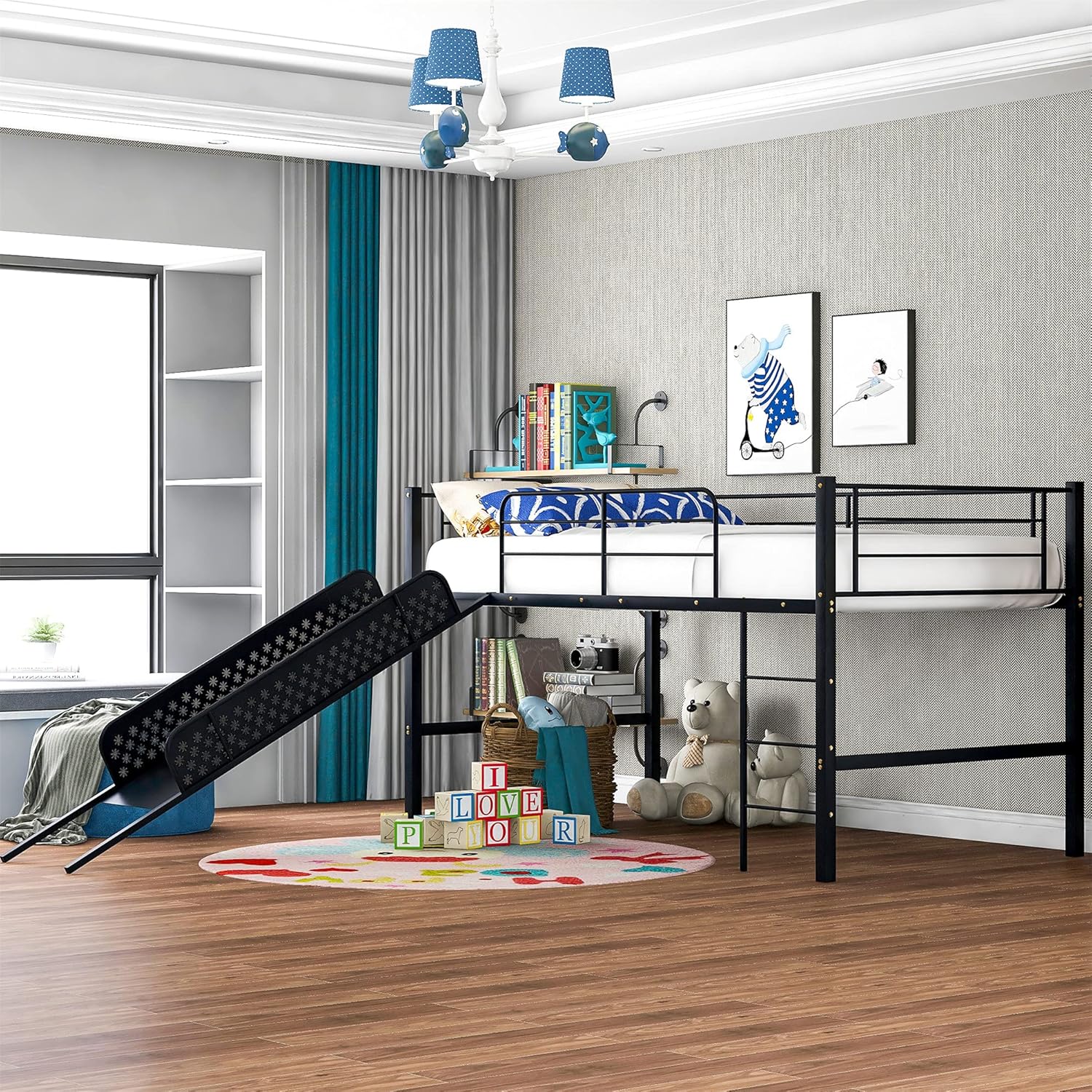 Kids Low Loft Bed with Slide and Storage, Twin Metal Low Loft Bed Frame for Boys & Girls, Black