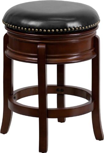 Flash Furniture 24'' High Backless Light Cherry Wood Counter Height Stool Carved Apron and Black LeatherSoft Swivel Seat