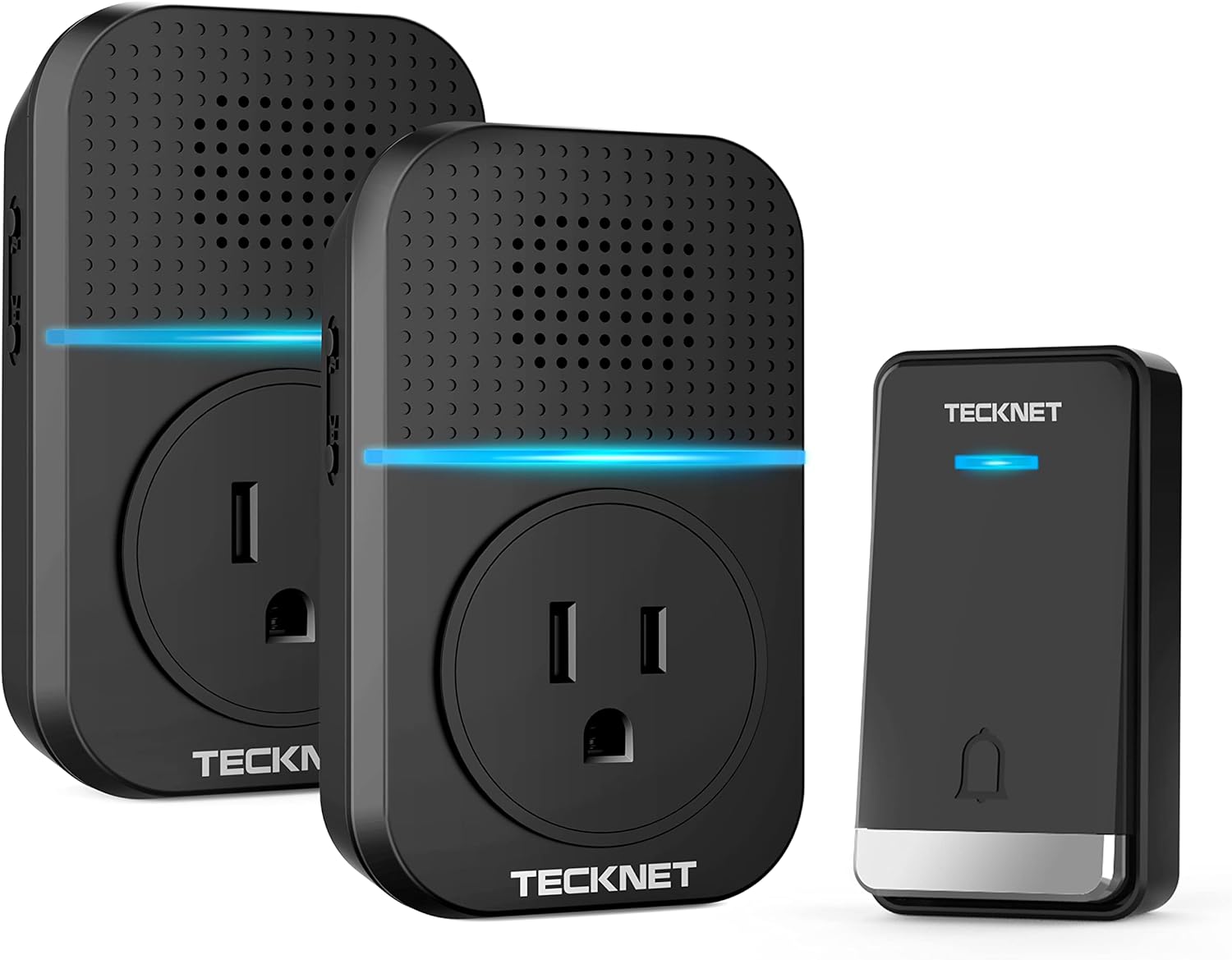 TECKNET Self-Powered Doorbell, Wireless Doorbell Chime Kit, No Battery Required Push Button, Plug-through Cordless Door Chime, up to 1300ft Range with 32 Chimes, LED Light, 5-Level Volume Pack of 2